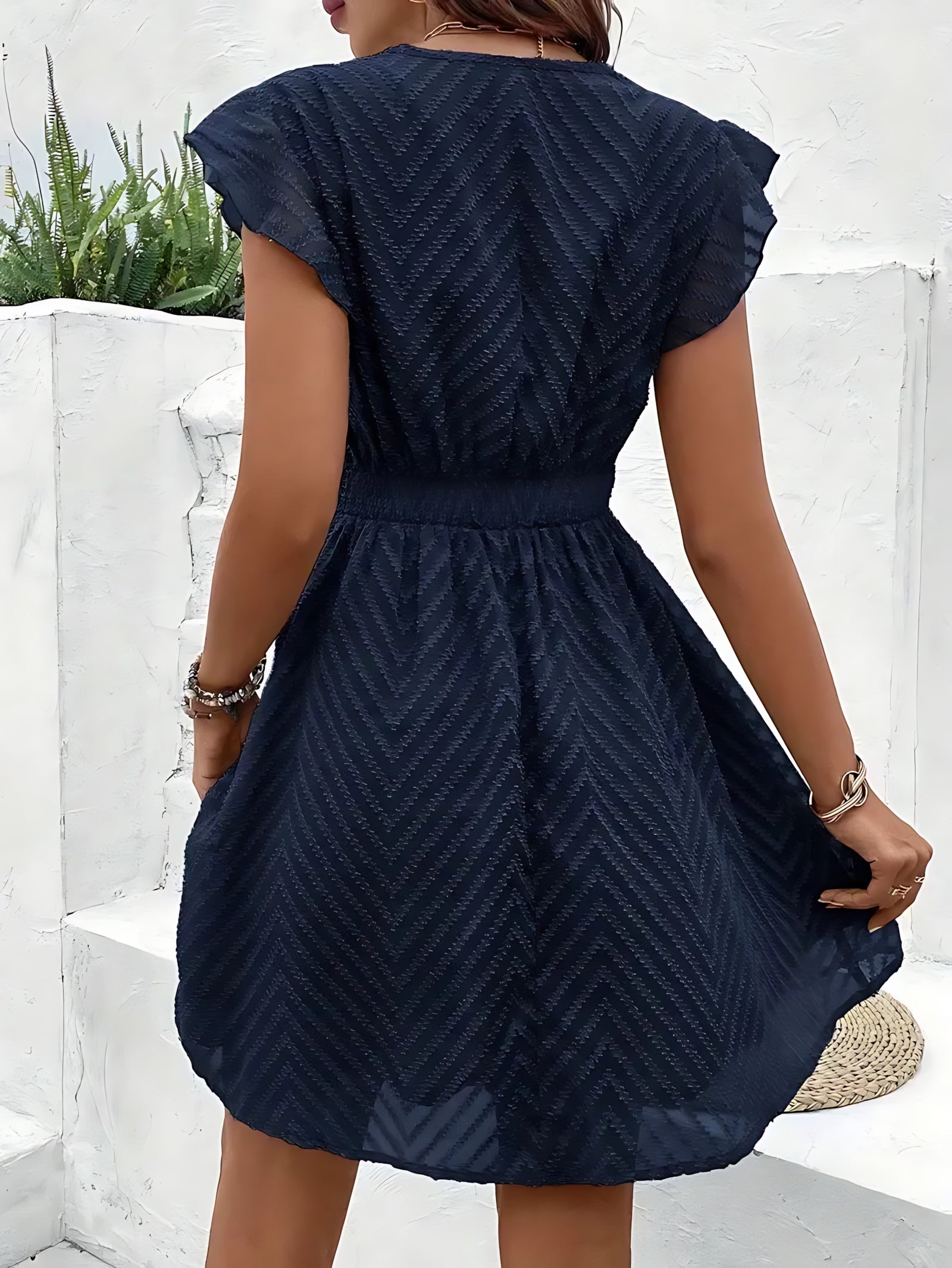 Audrey – Lace V Neck Smocked Waist Mini Dress