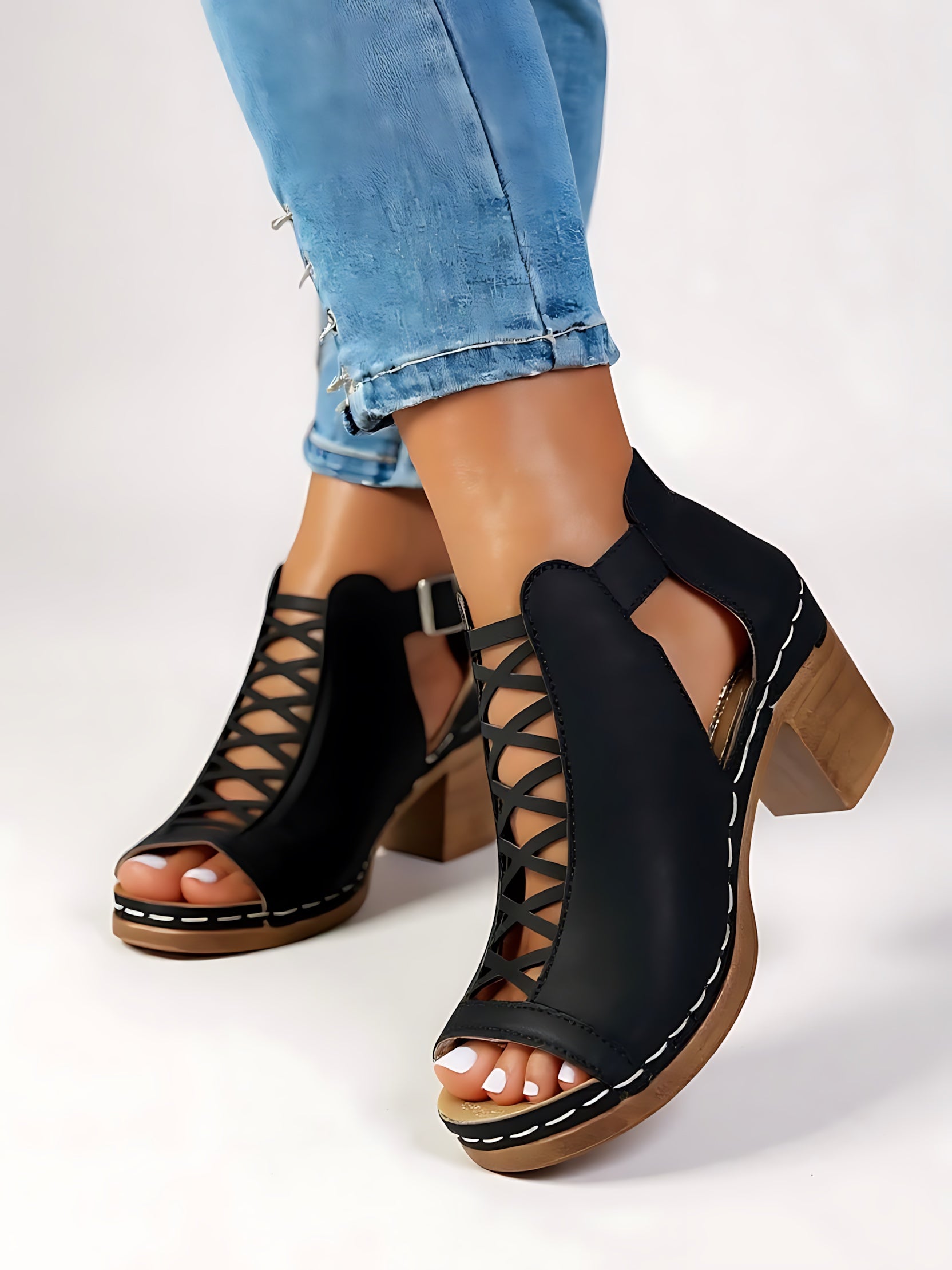 Audrey – Peep Toe Cutout Block Heel Sandals