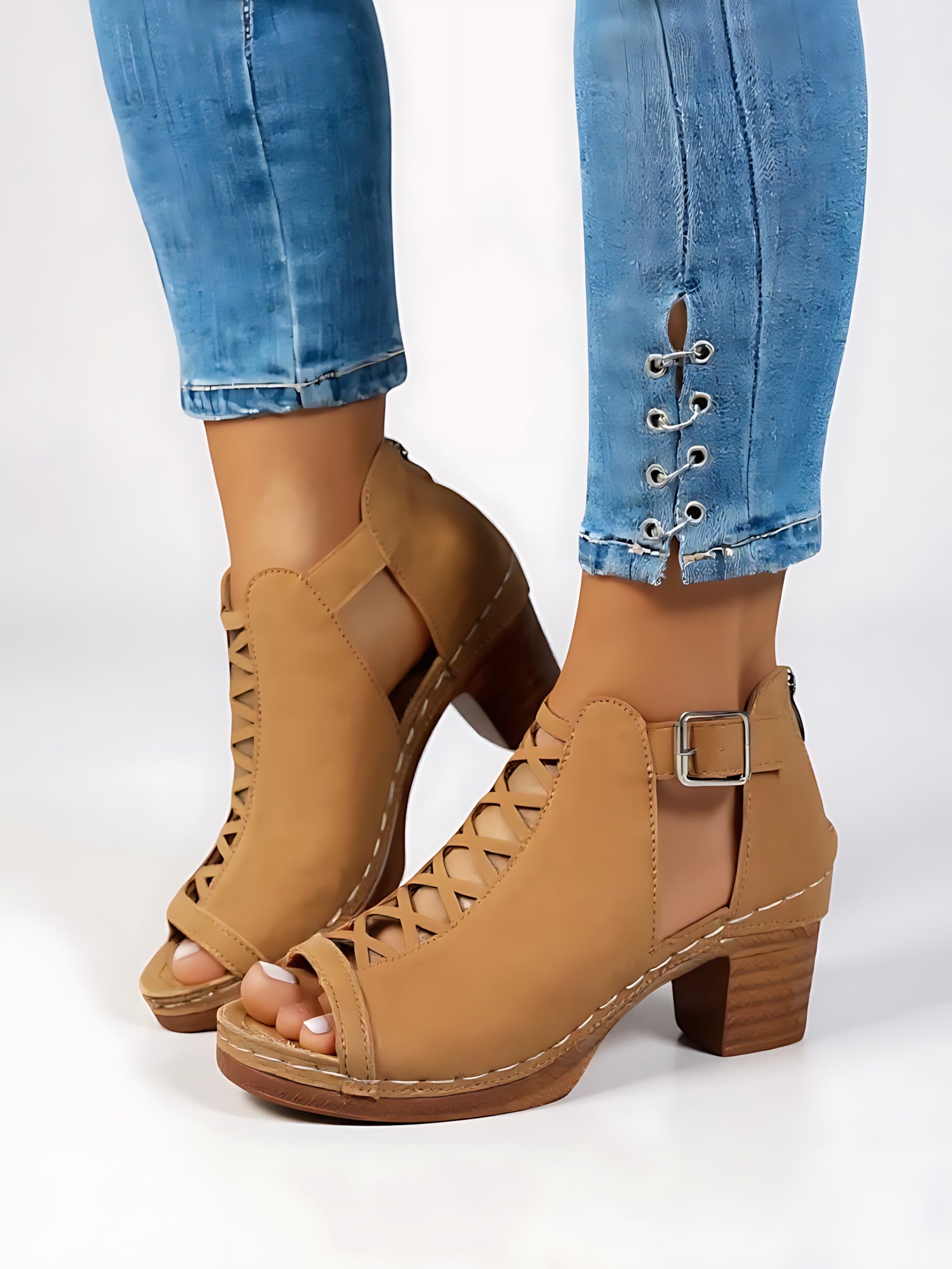 Audrey – Peep Toe Cutout Block Heel Sandals