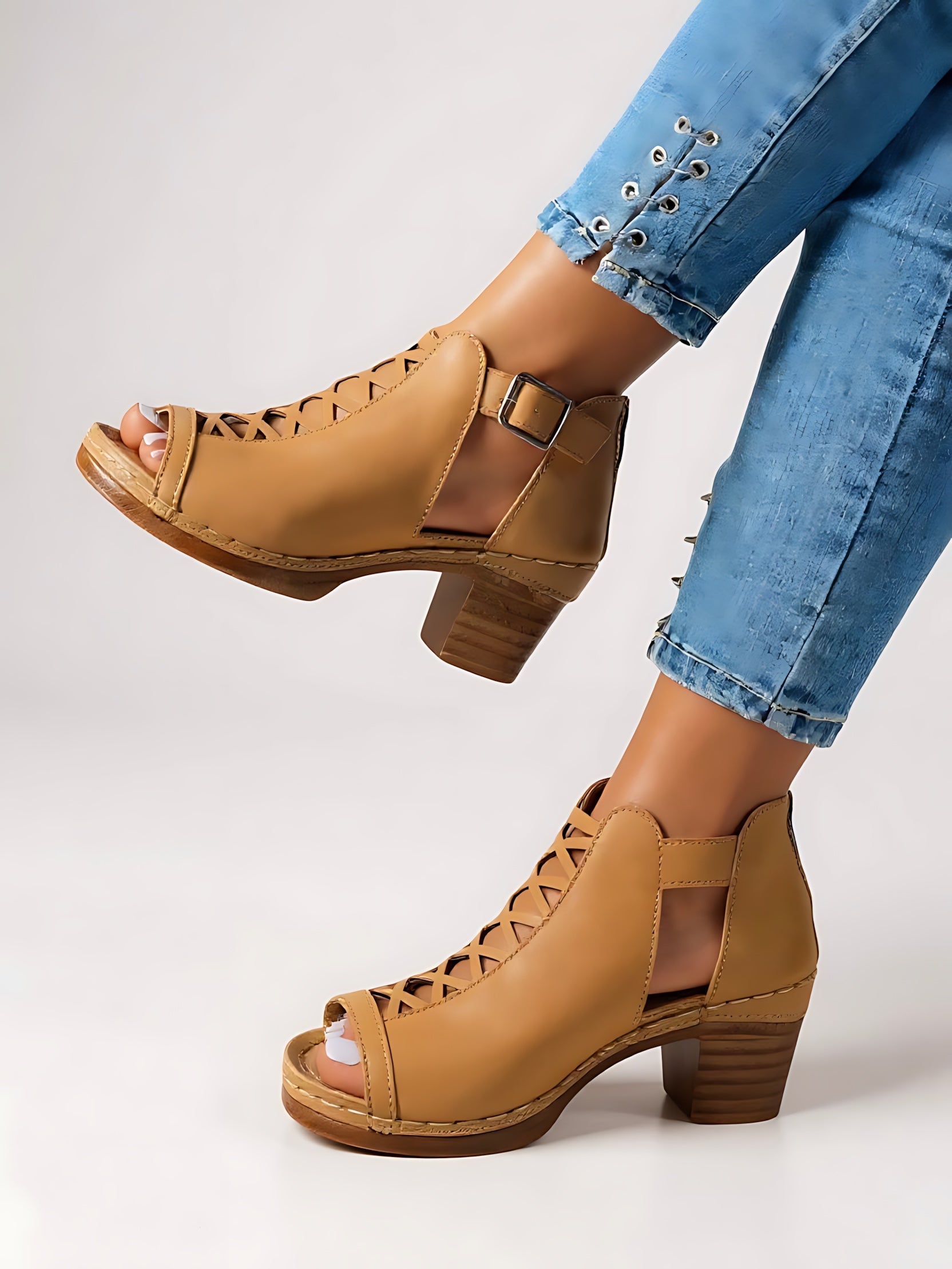 Audrey – Peep Toe Cutout Block Heel Sandals