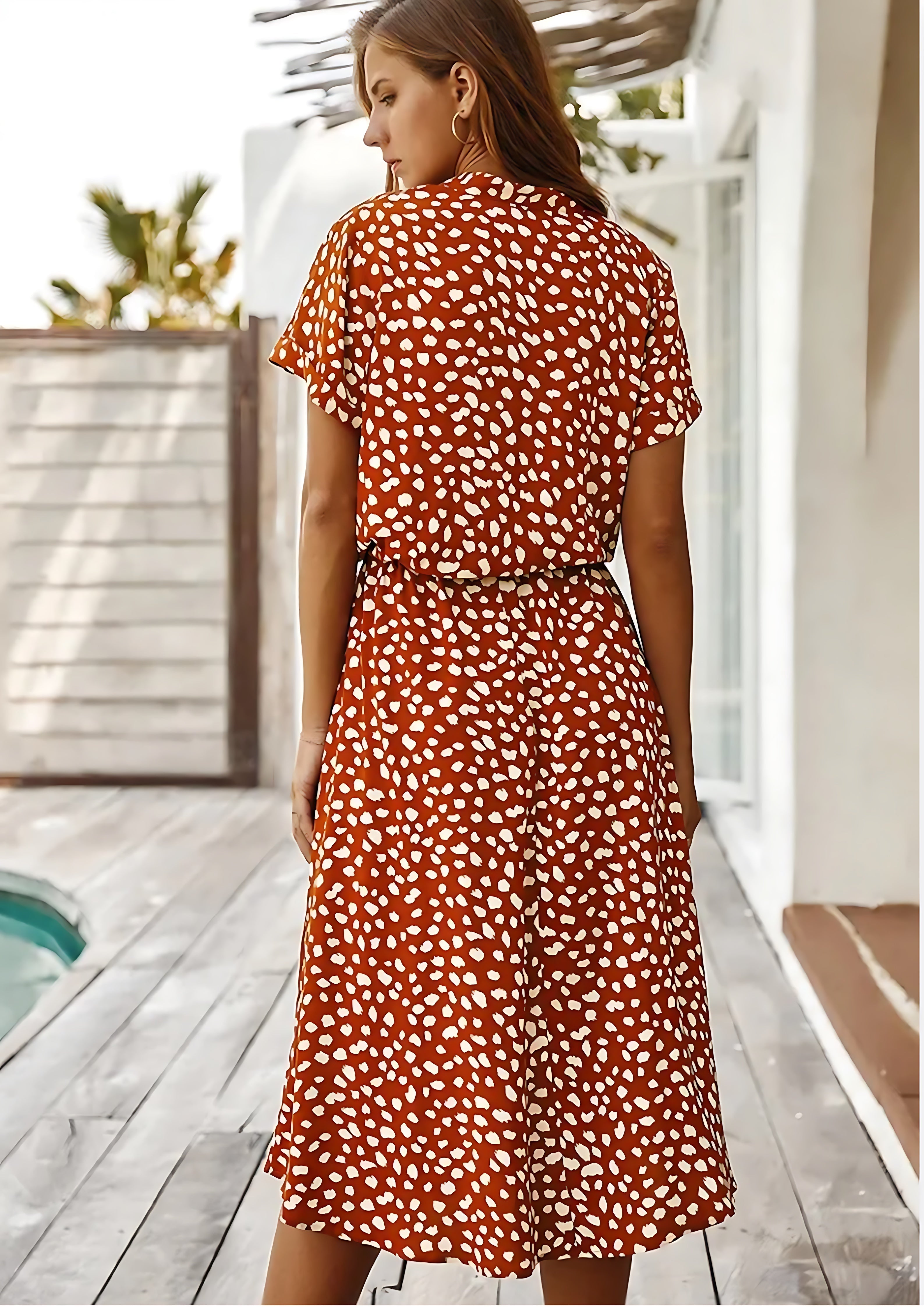 Aurora – Spotted Print Short Sleeve A Line Midi Dress