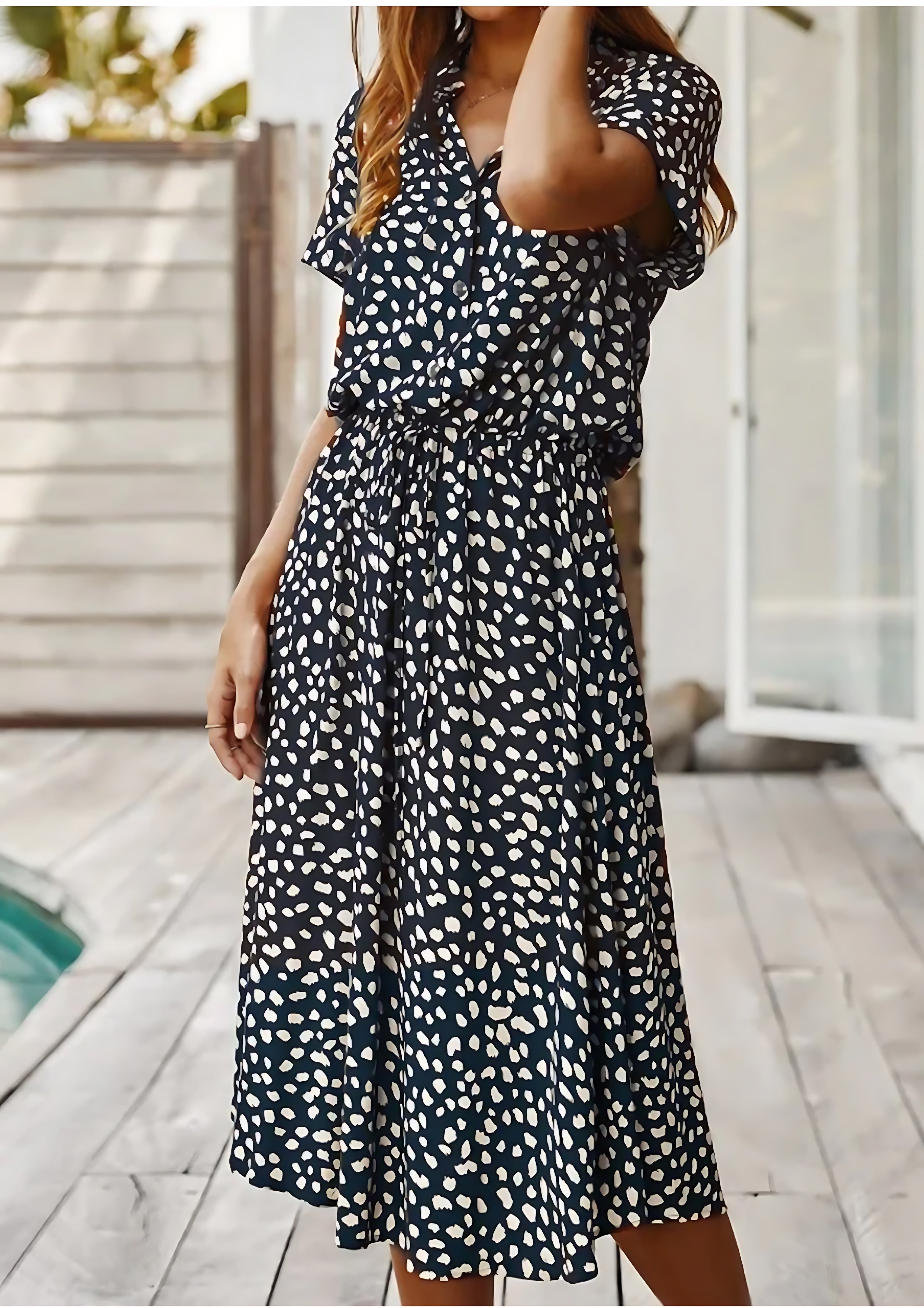 Aurora – Spotted Print Short Sleeve A Line Midi Dress