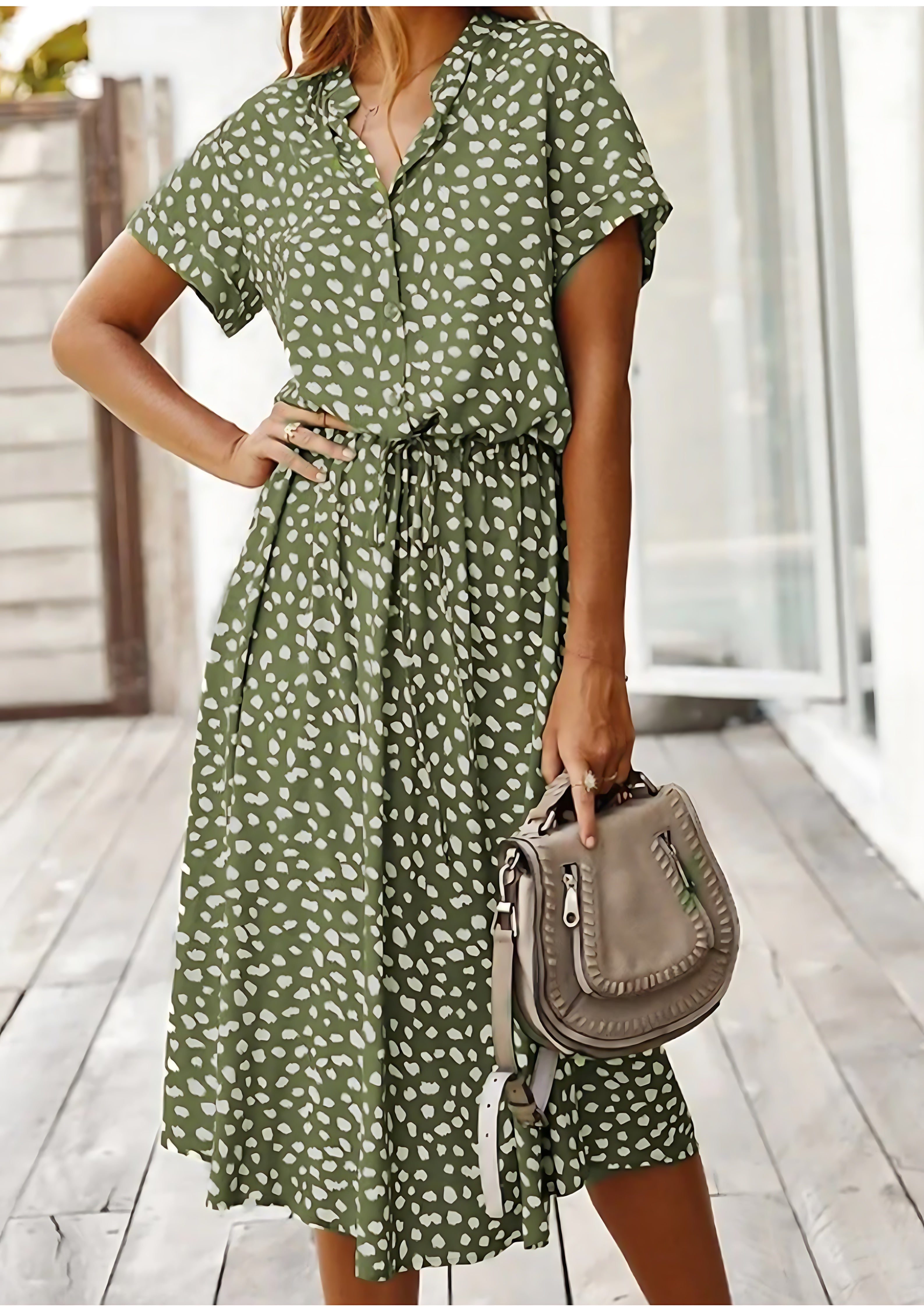Aurora – Spotted Print Short Sleeve A Line Midi Dress