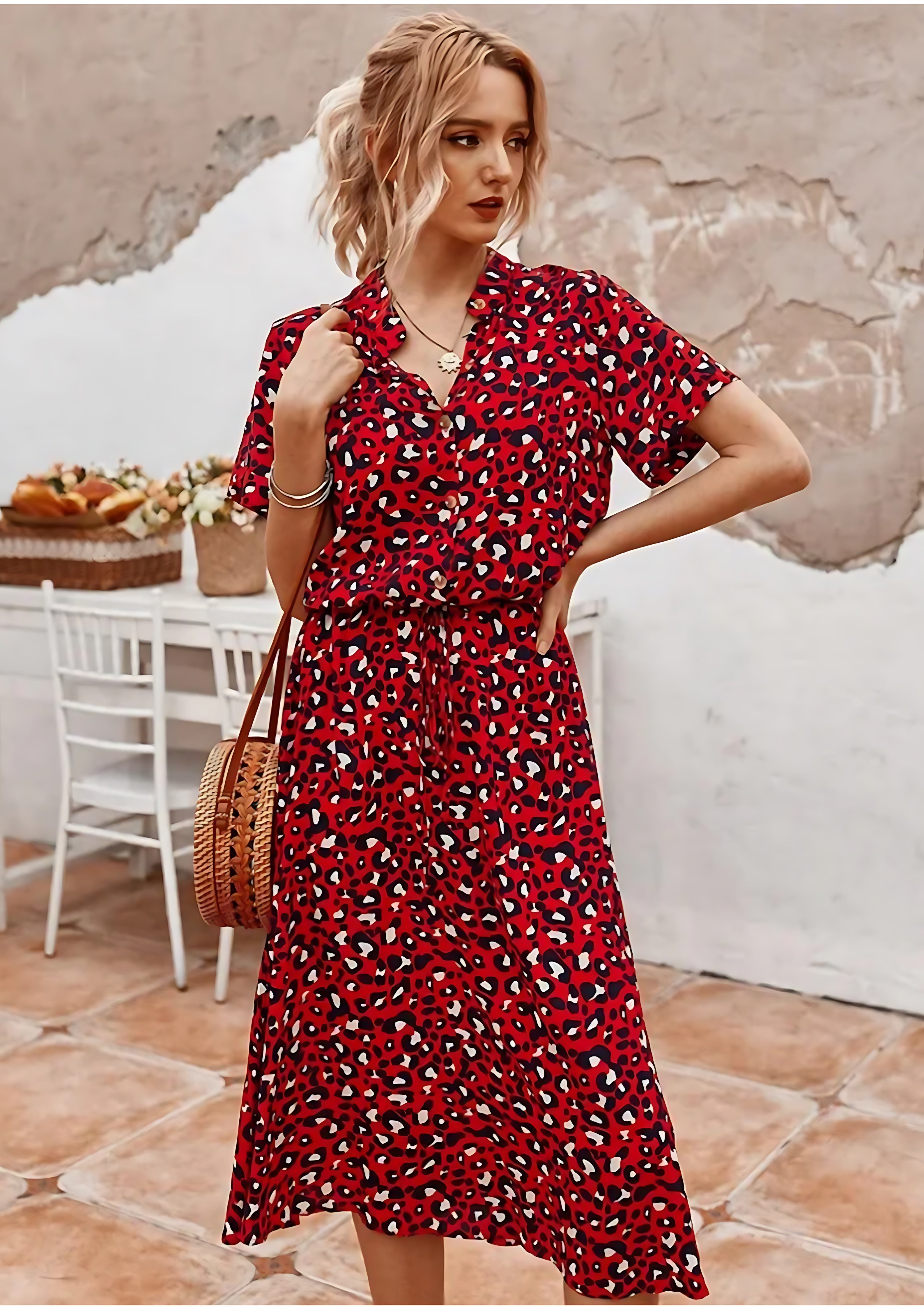 Aurora – Spotted Print Short Sleeve A Line Midi Dress