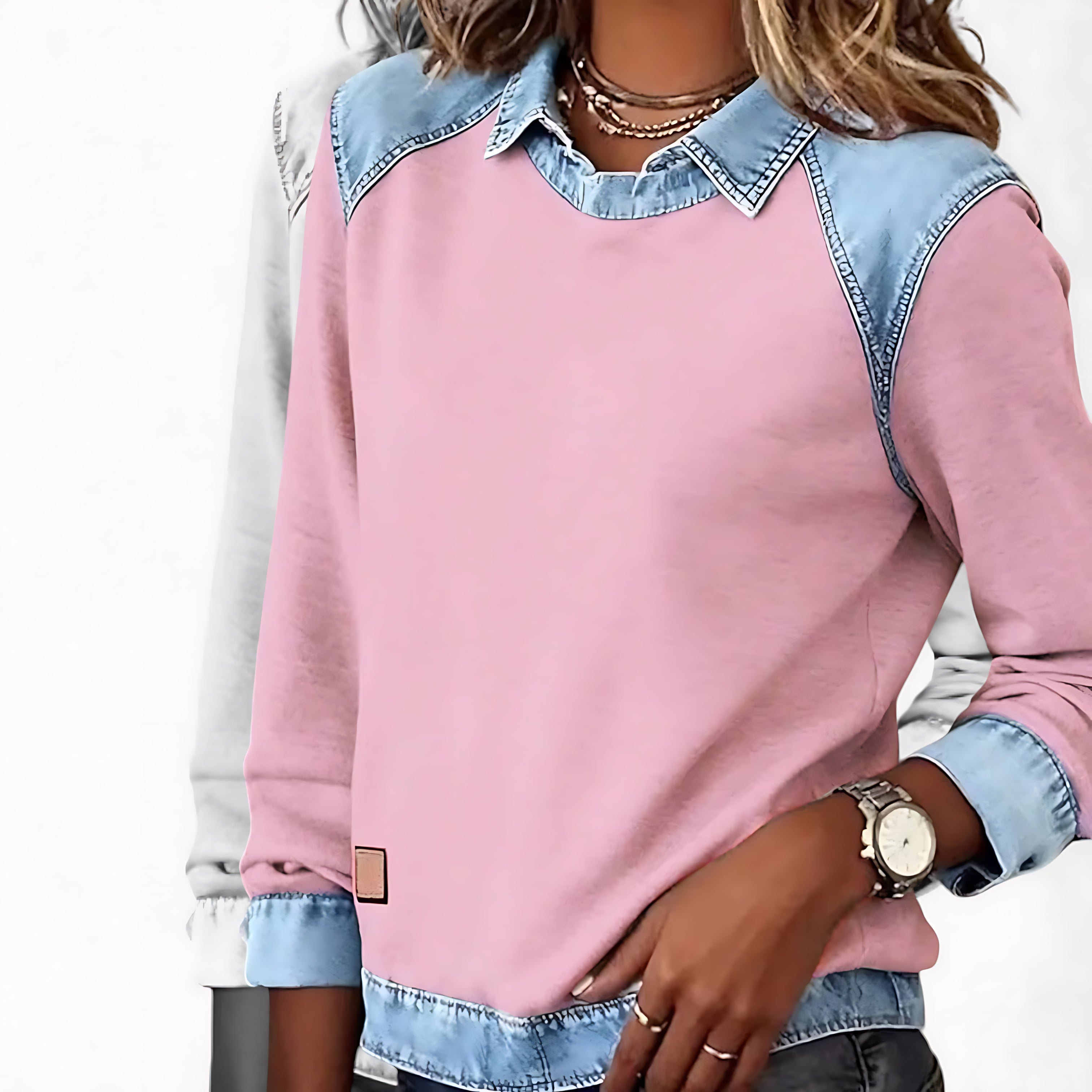 Autumn – Denim Patchwork Crew Neck Sweatshirt