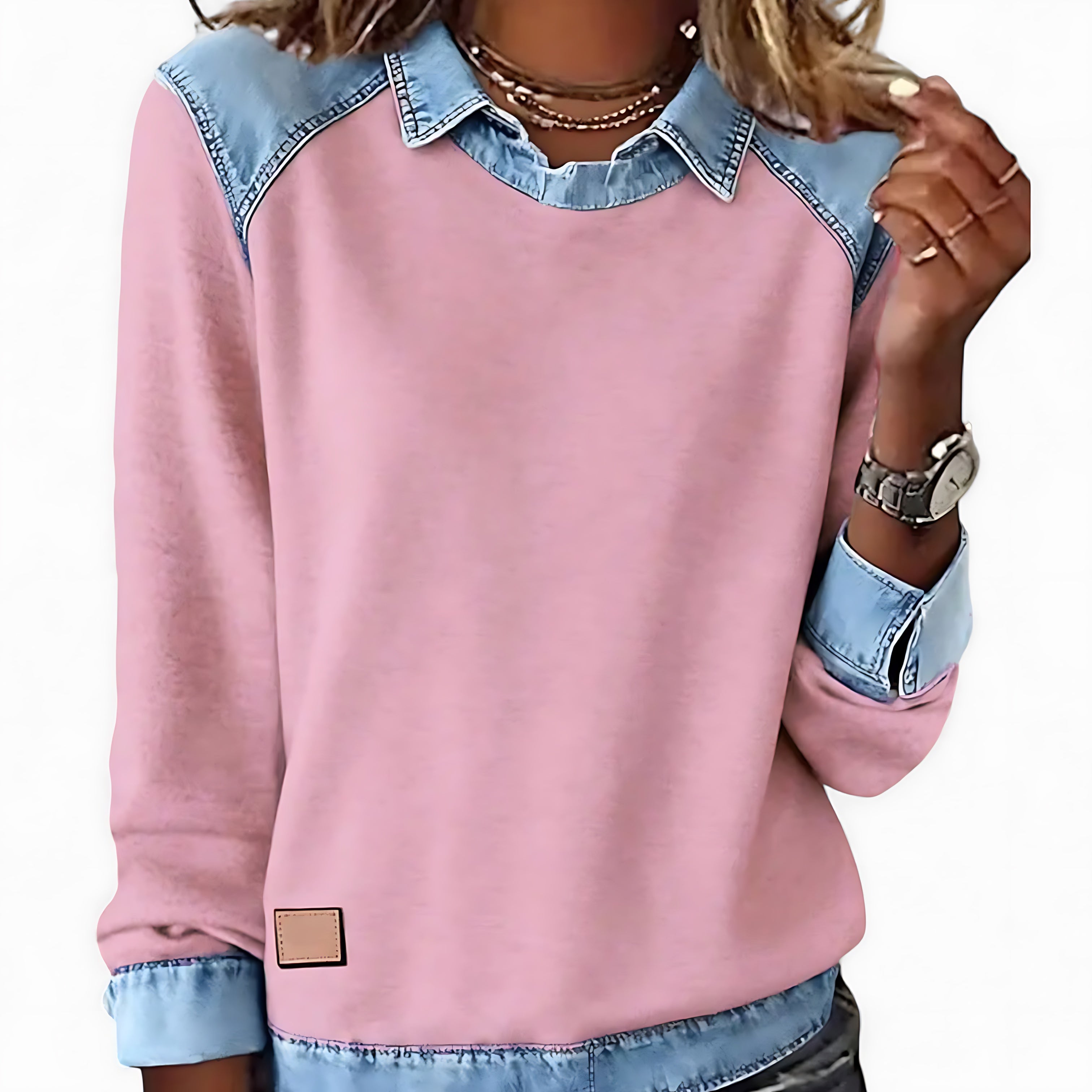 Autumn – Denim Patchwork Crew Neck Sweatshirt