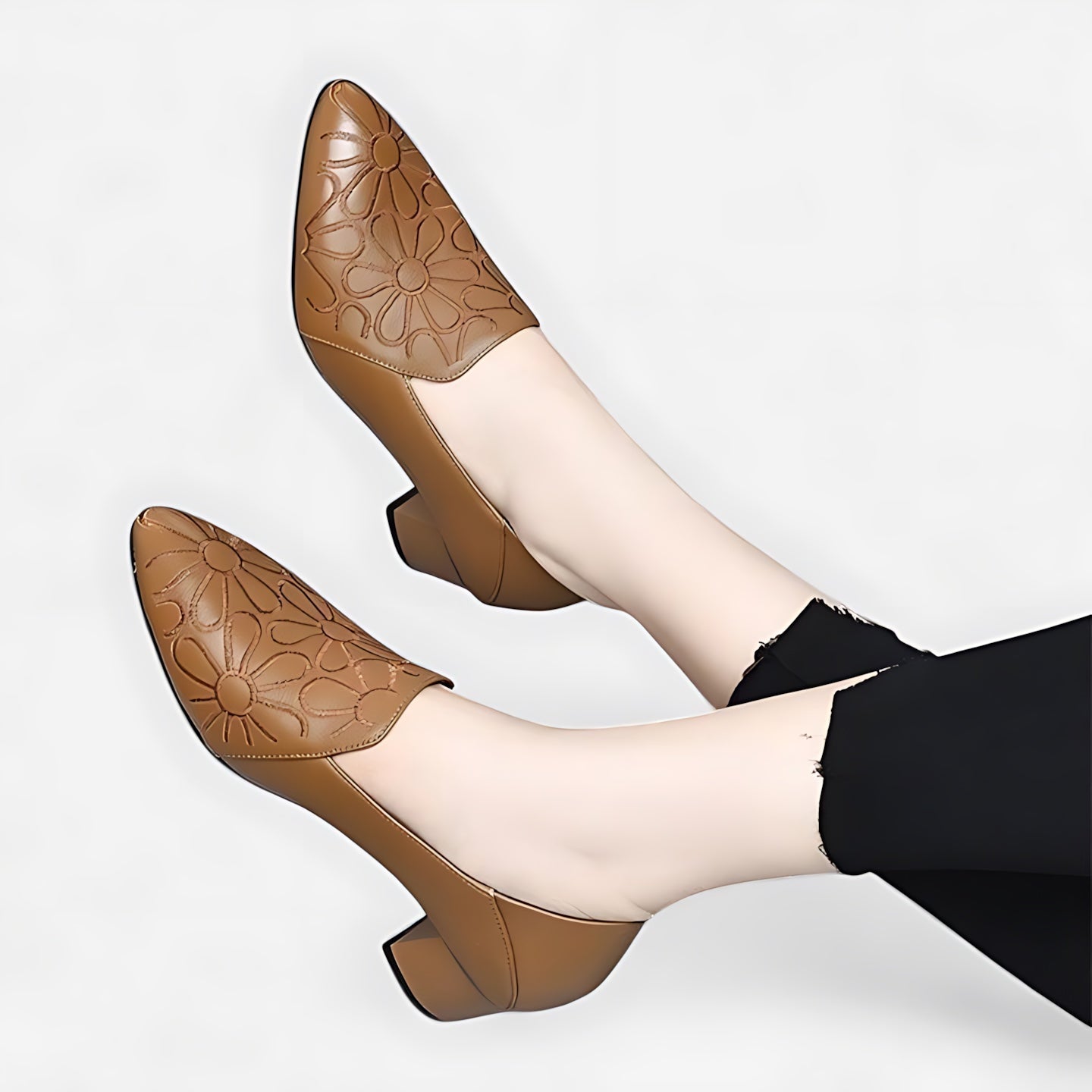 Autumn – Floral Embossed Pointed Toe Block Heel Pumps