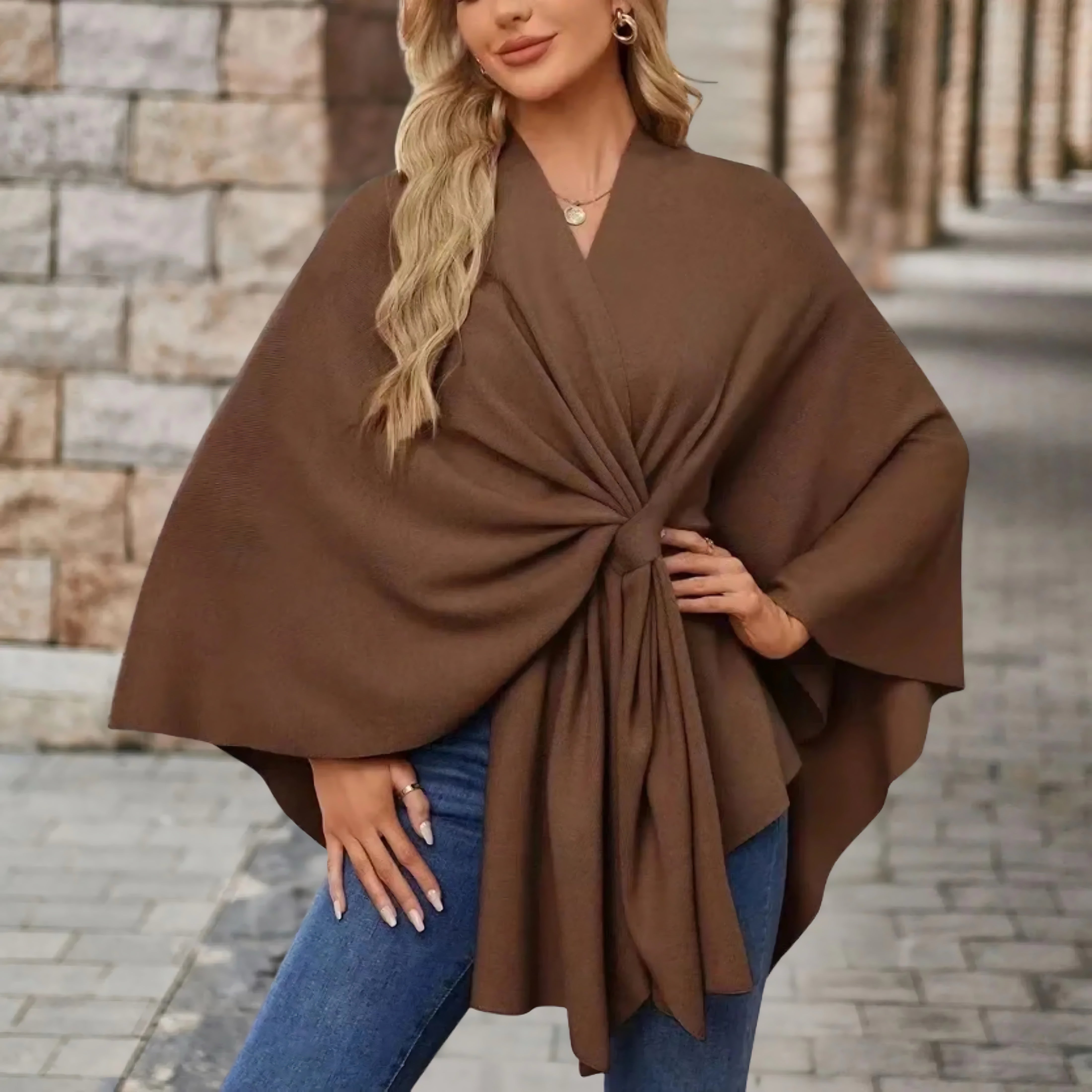 Ava – Draped Twist Front Knit Poncho
