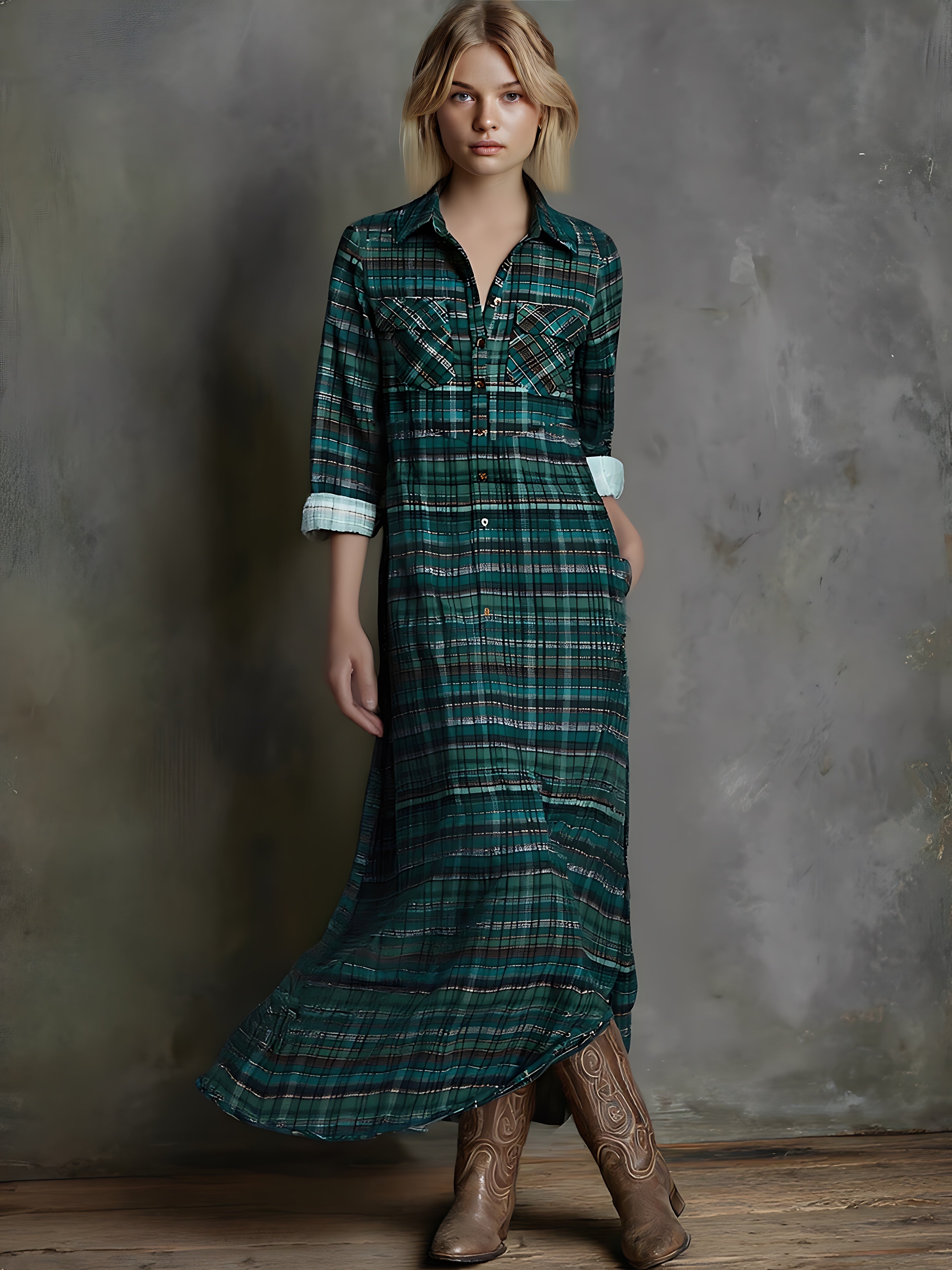 Ava – Plaid Collared Maxi Shirt Dress