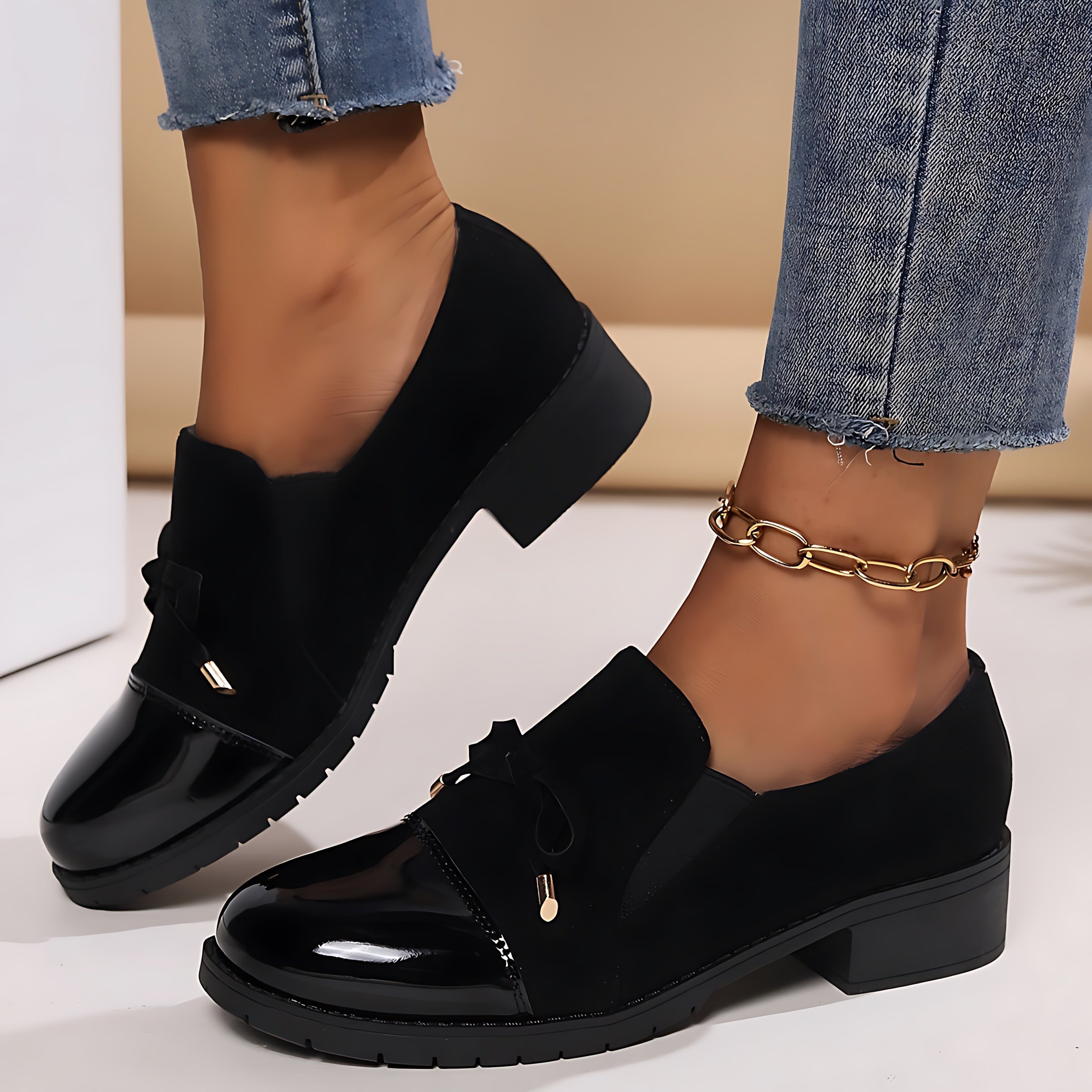 Avery – Patent Bow Block Heel Loafers