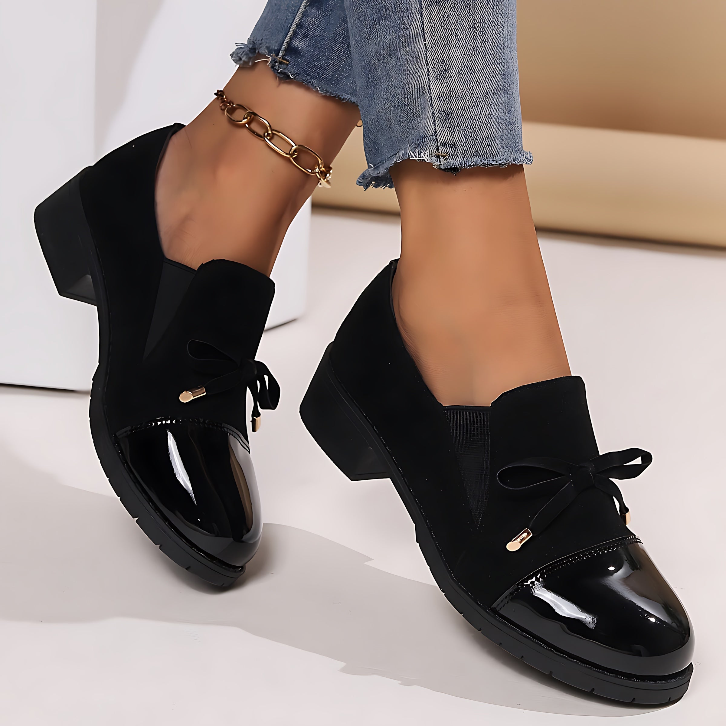 Avery – Patent Bow Block Heel Loafers