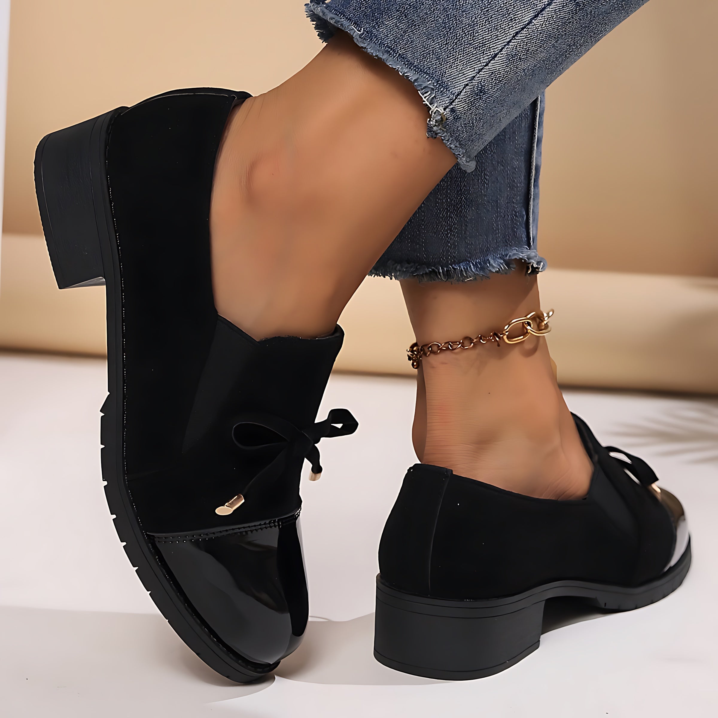 Avery – Patent Bow Block Heel Loafers
