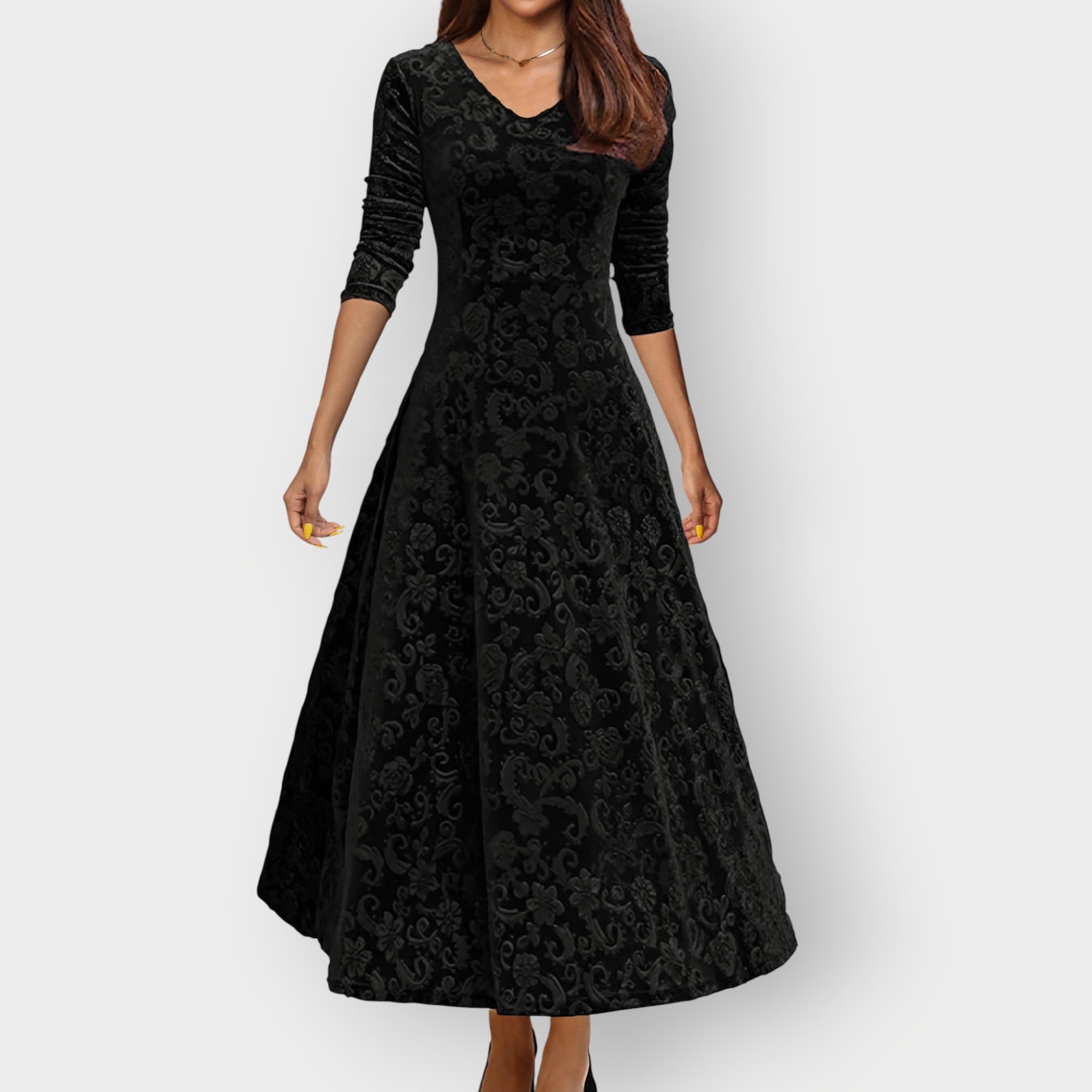 Cara – Velvet V Neck A Line Cocktail Midi Dress