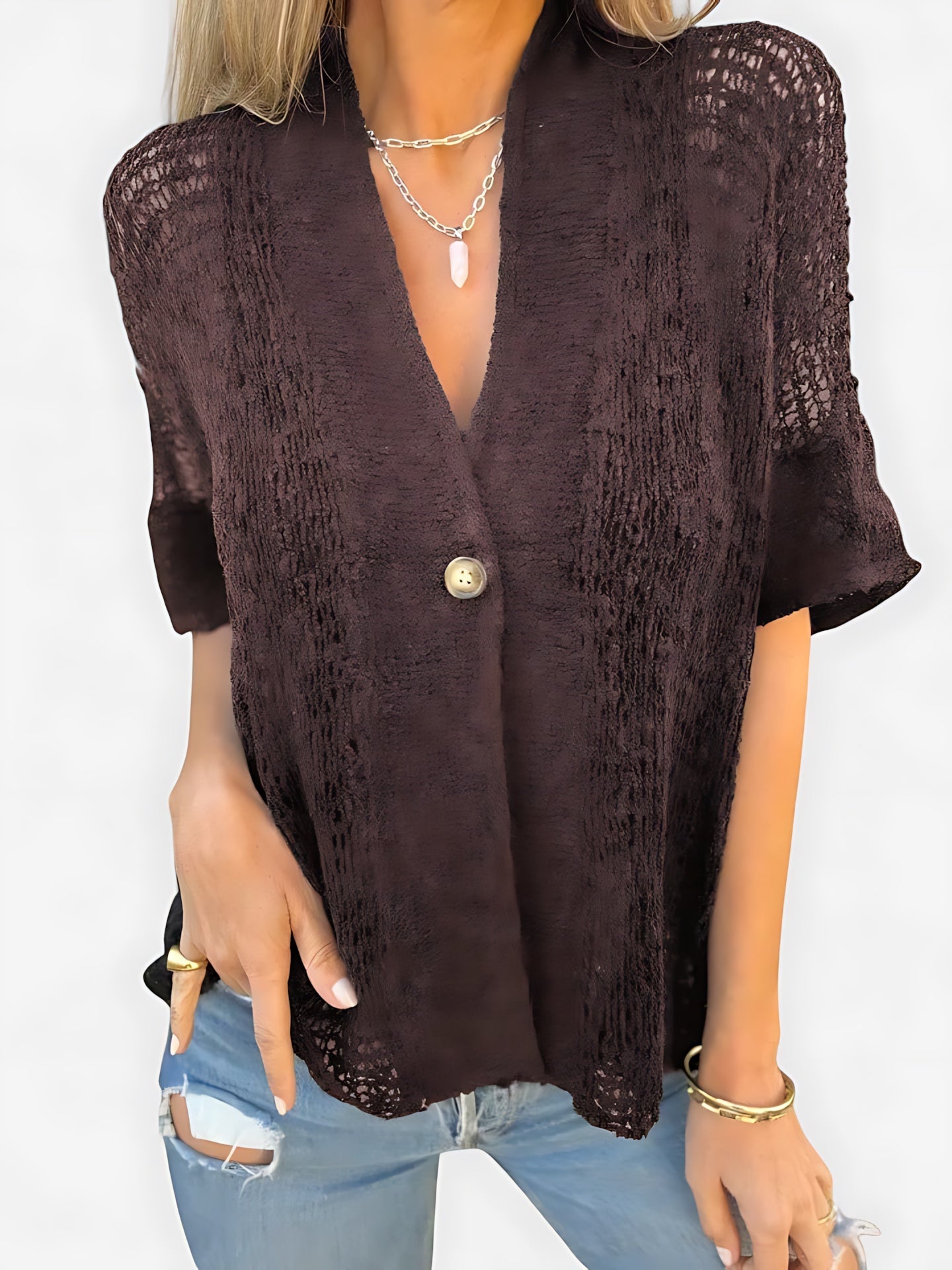 Bailey – Crochet Knit Short Sleeve Cardigan