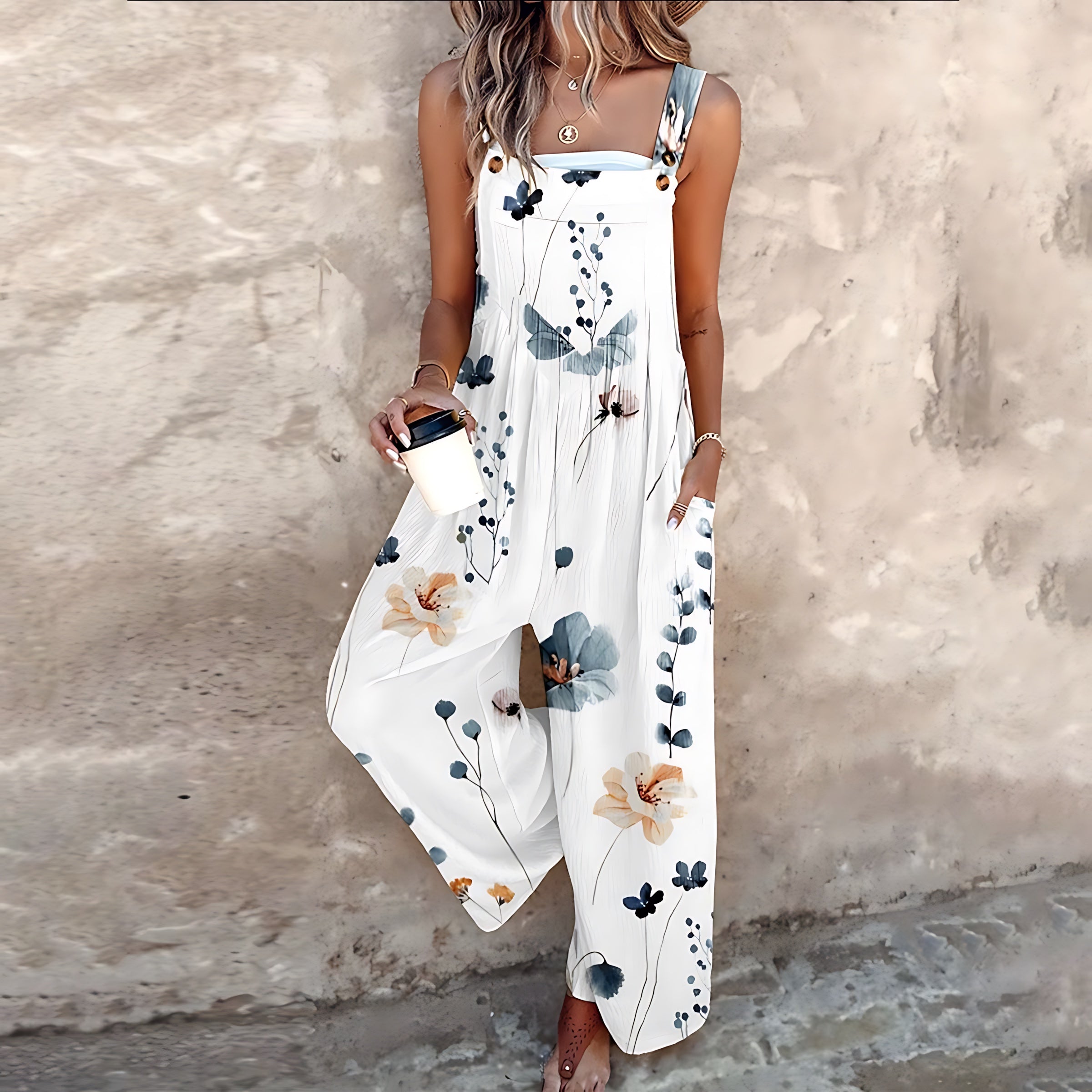 Bailey – Floral Print Wide Leg Overall Jumpsuit
