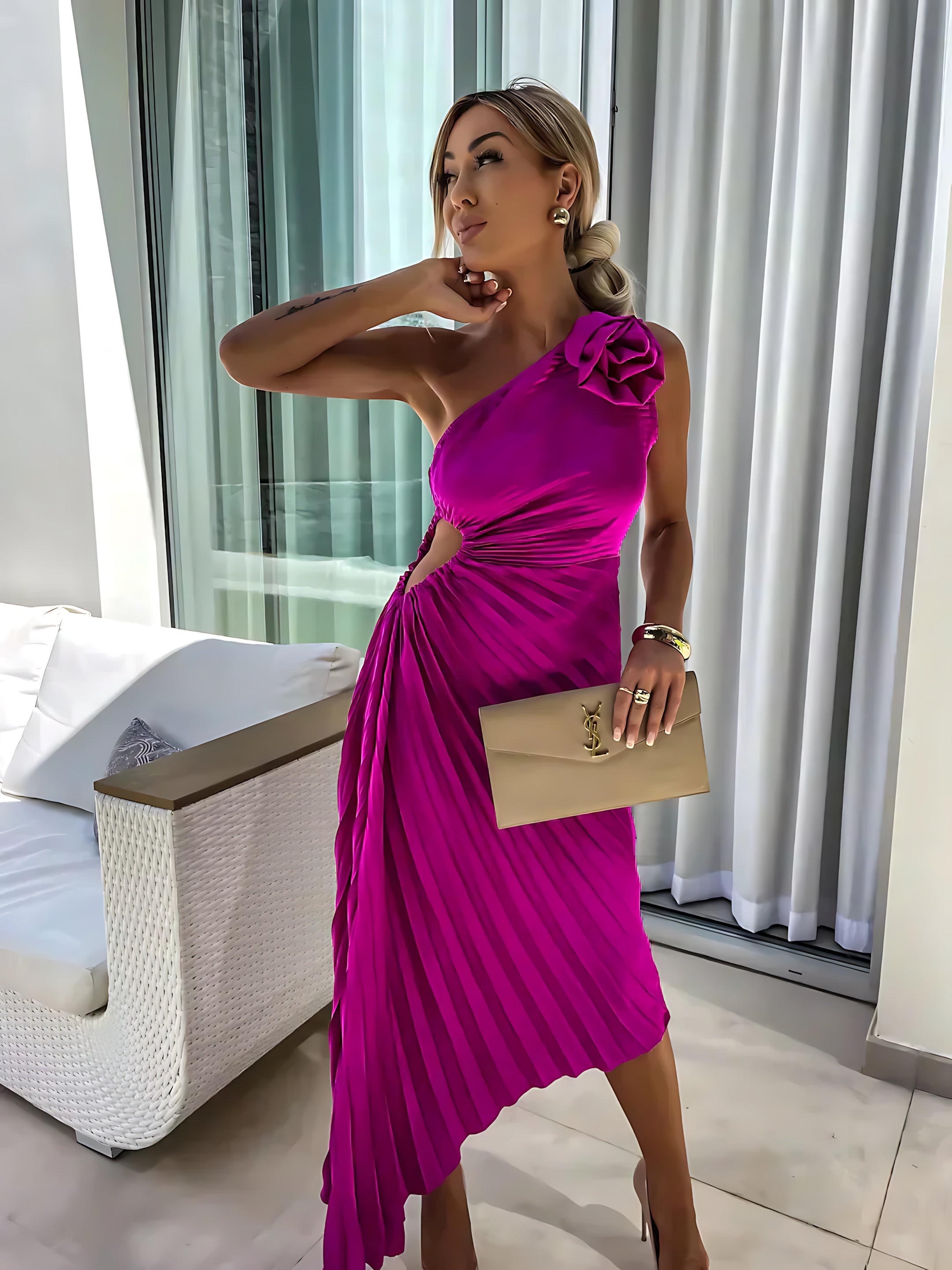 Bailey – Satin One Shoulder Wedding Guest Midi Dress