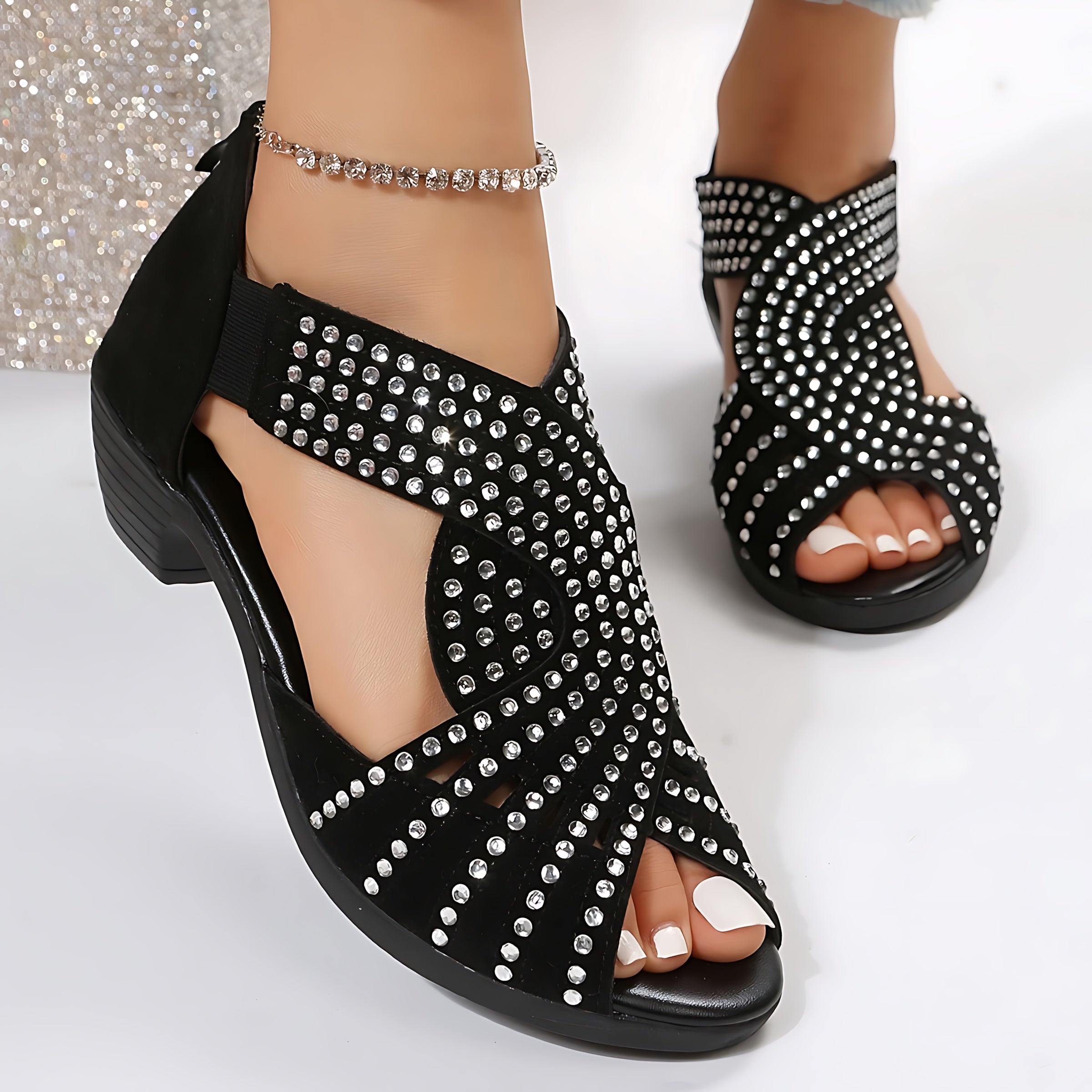 Bailey – Studded Crisscross Block Heel Sandals