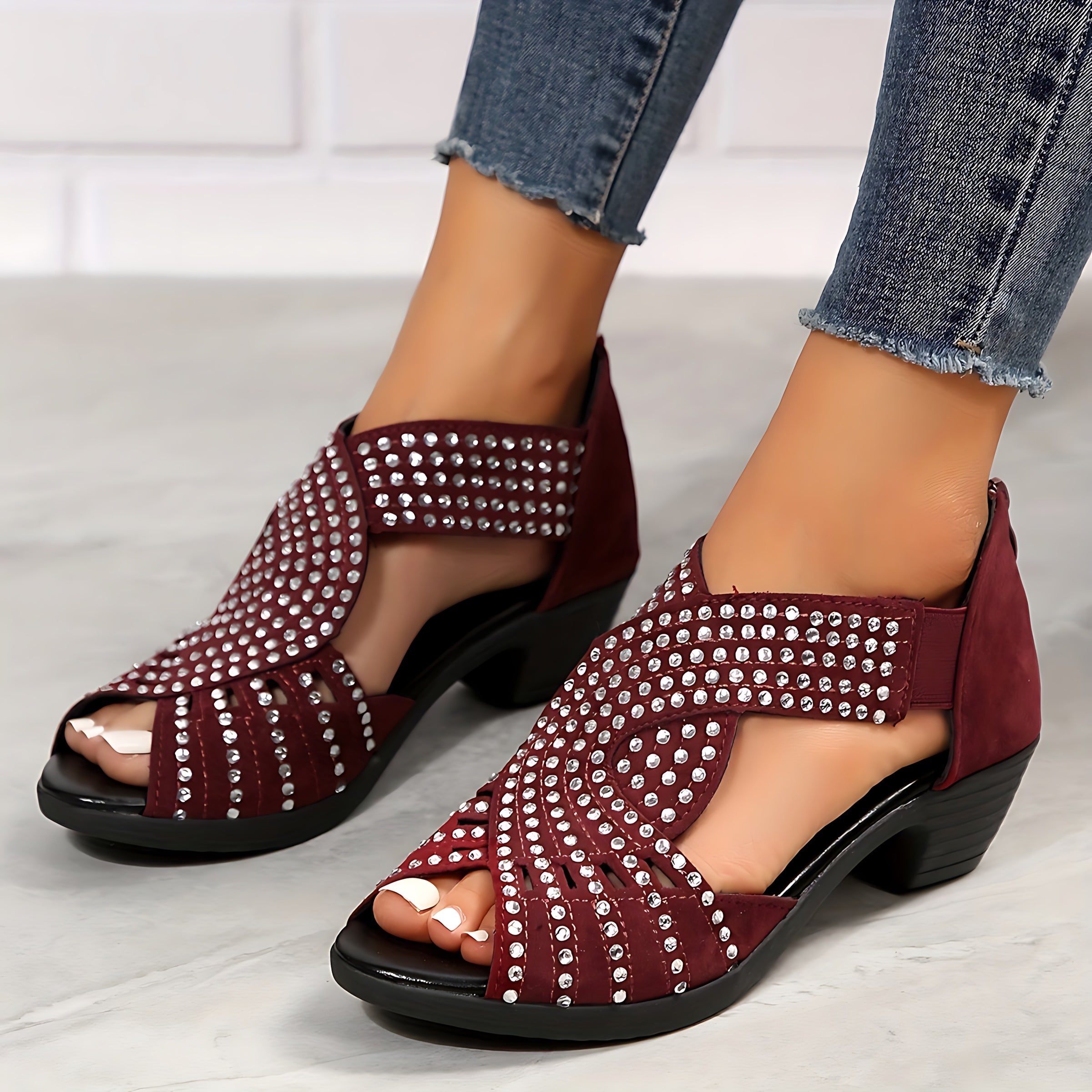 Bailey – Studded Crisscross Block Heel Sandals