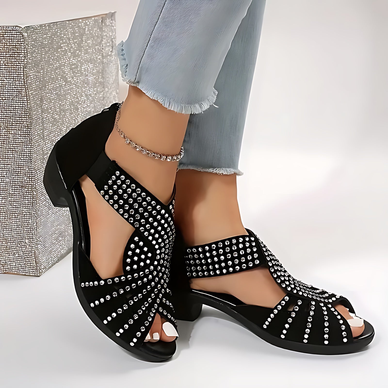 Bailey – Studded Crisscross Block Heel Sandals