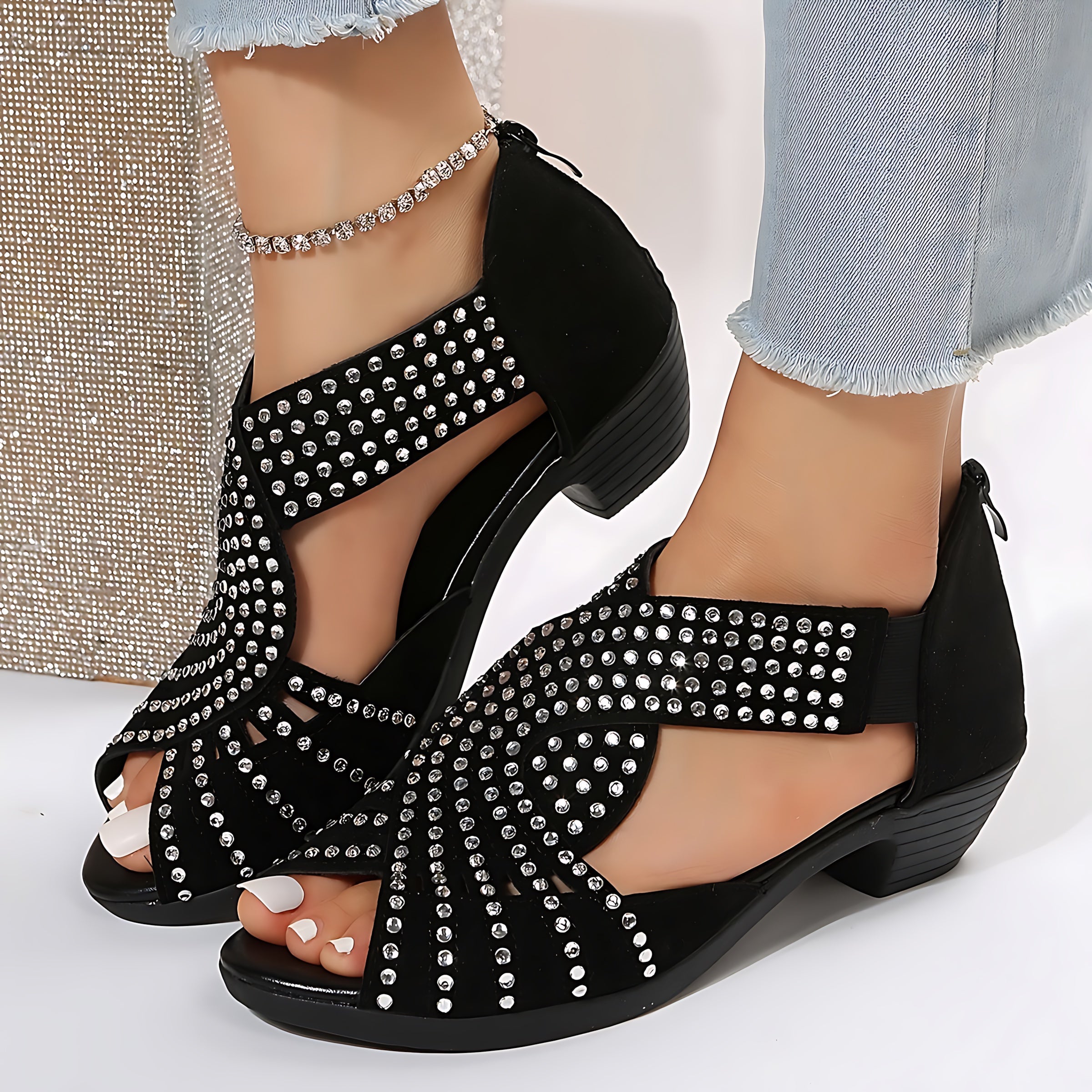 Bailey – Studded Crisscross Block Heel Sandals