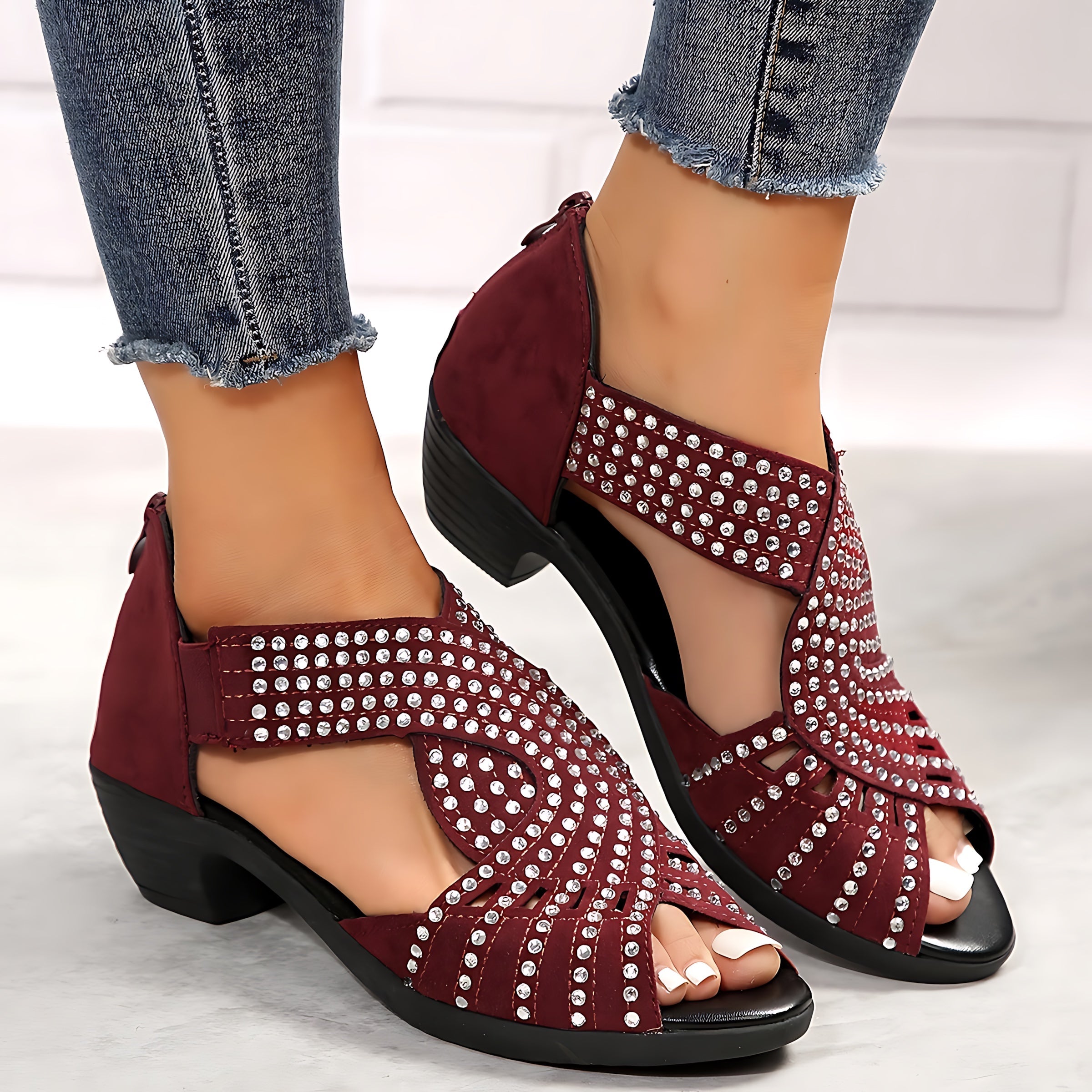 Bailey – Studded Crisscross Block Heel Sandals