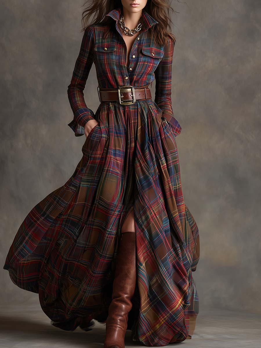 Hazel – Plaid Long Sleeve Maxi Shirt Dress