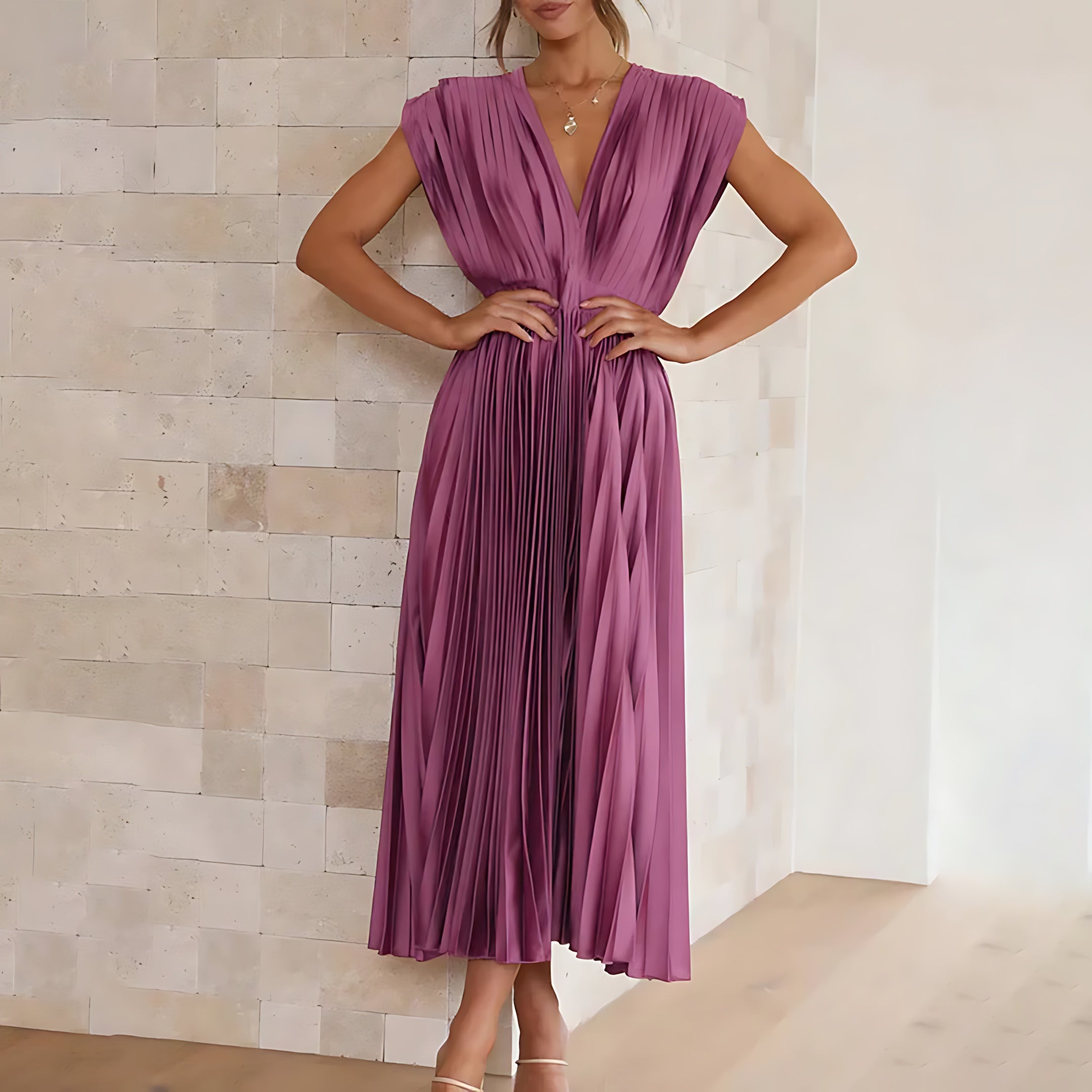 Beatrice – Pleated V Neck Wedding Guest Maxi Dress