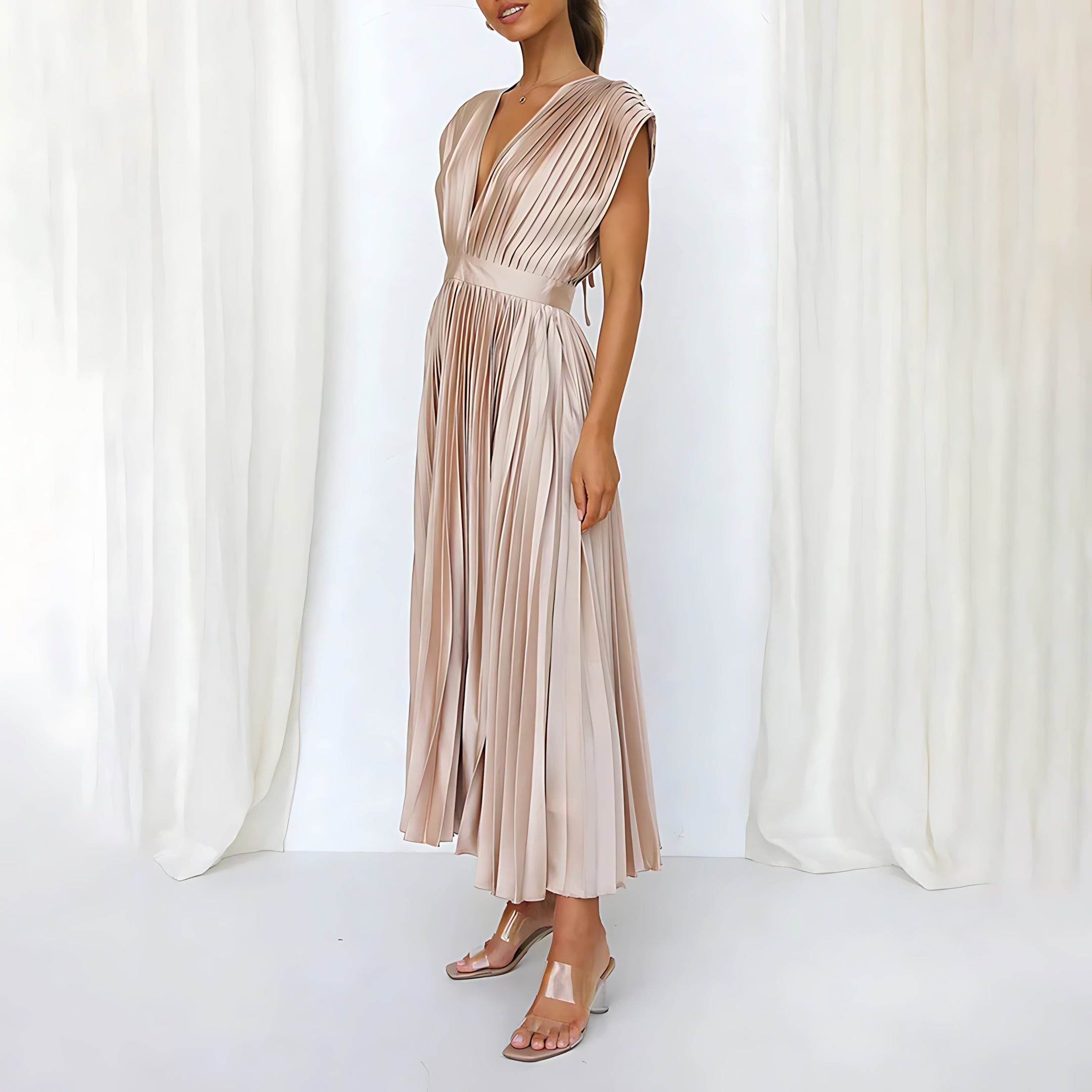 Beatrice – Pleated V Neck Wedding Guest Maxi Dress