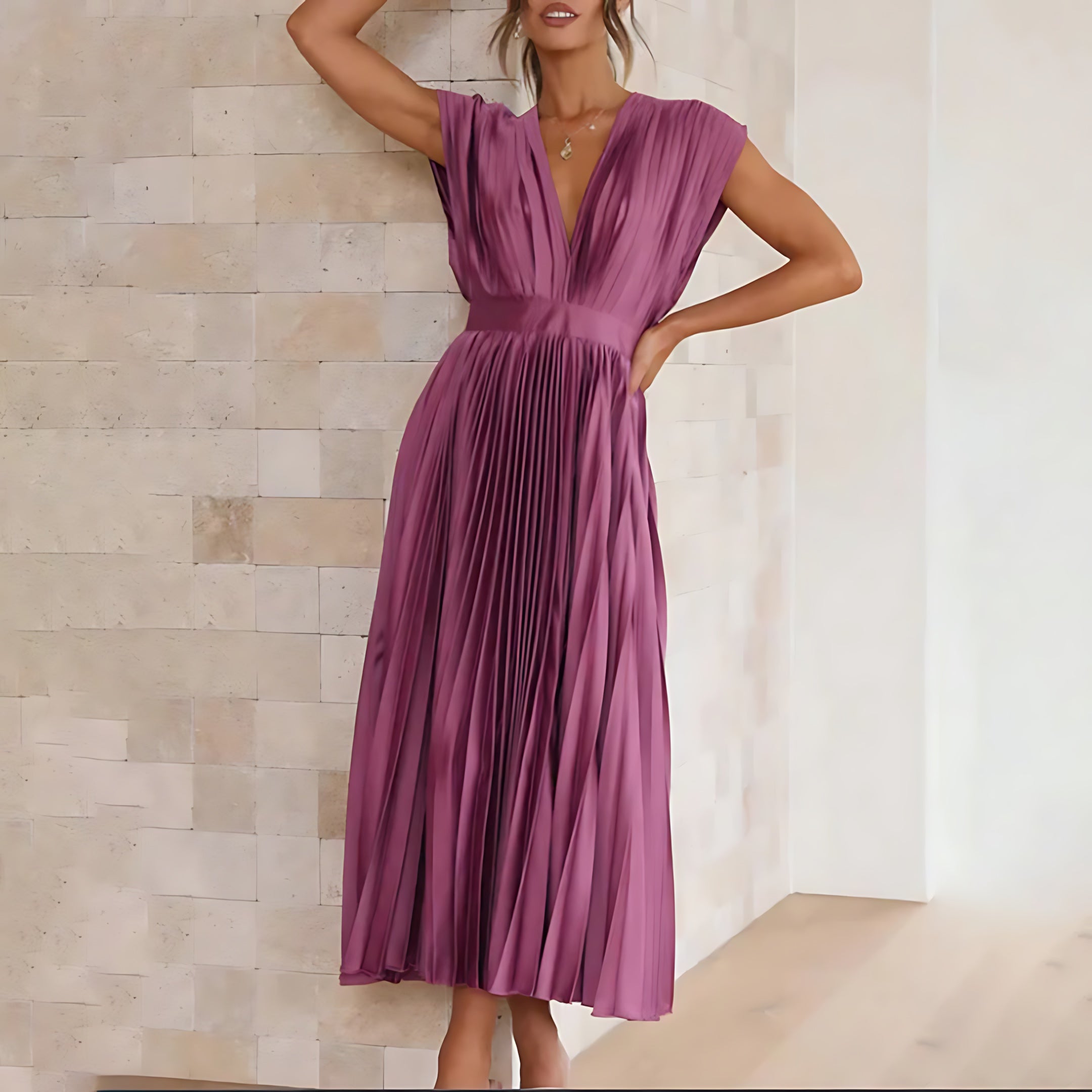 Beatrice – Pleated V Neck Wedding Guest Maxi Dress