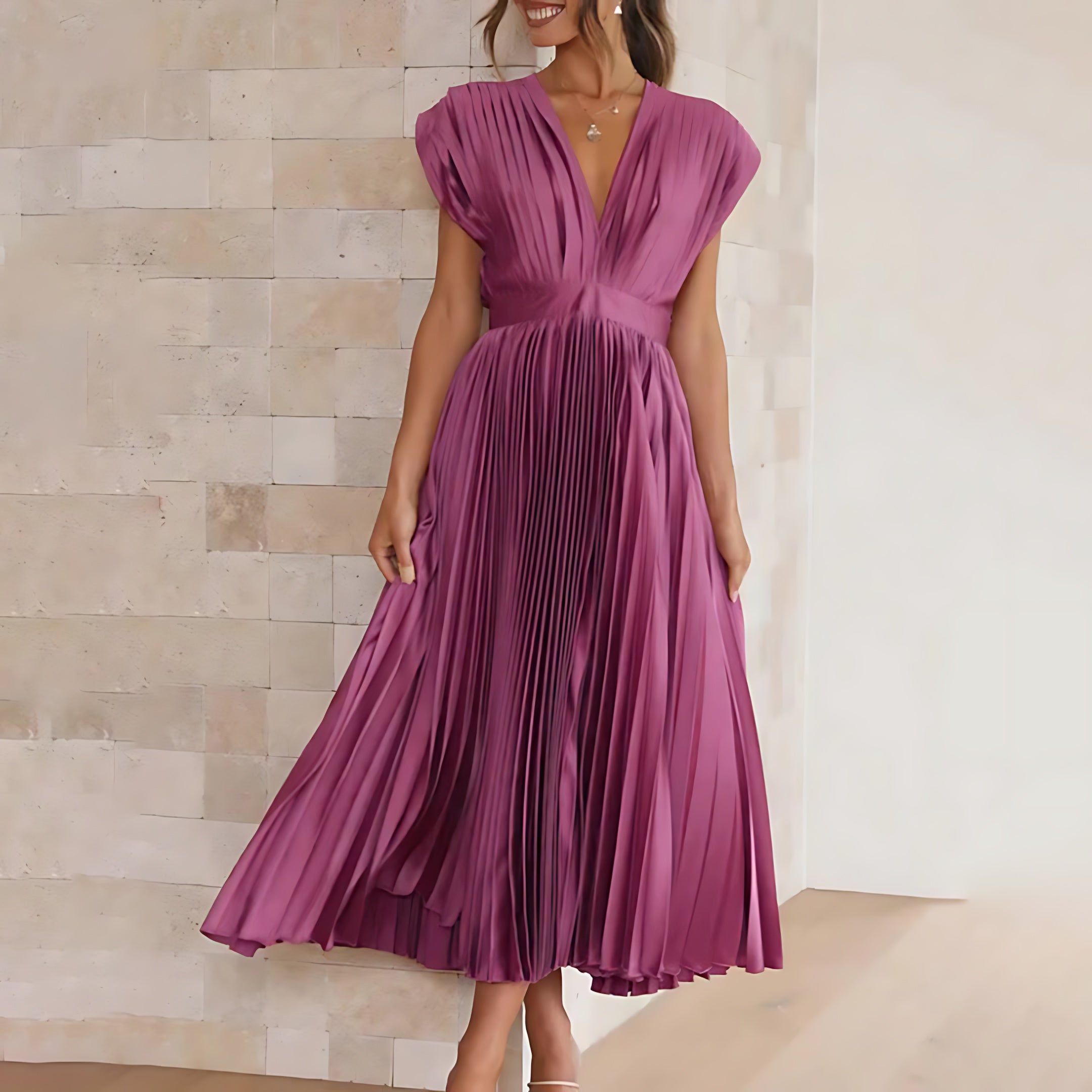 Beatrice – Pleated V Neck Wedding Guest Maxi Dress