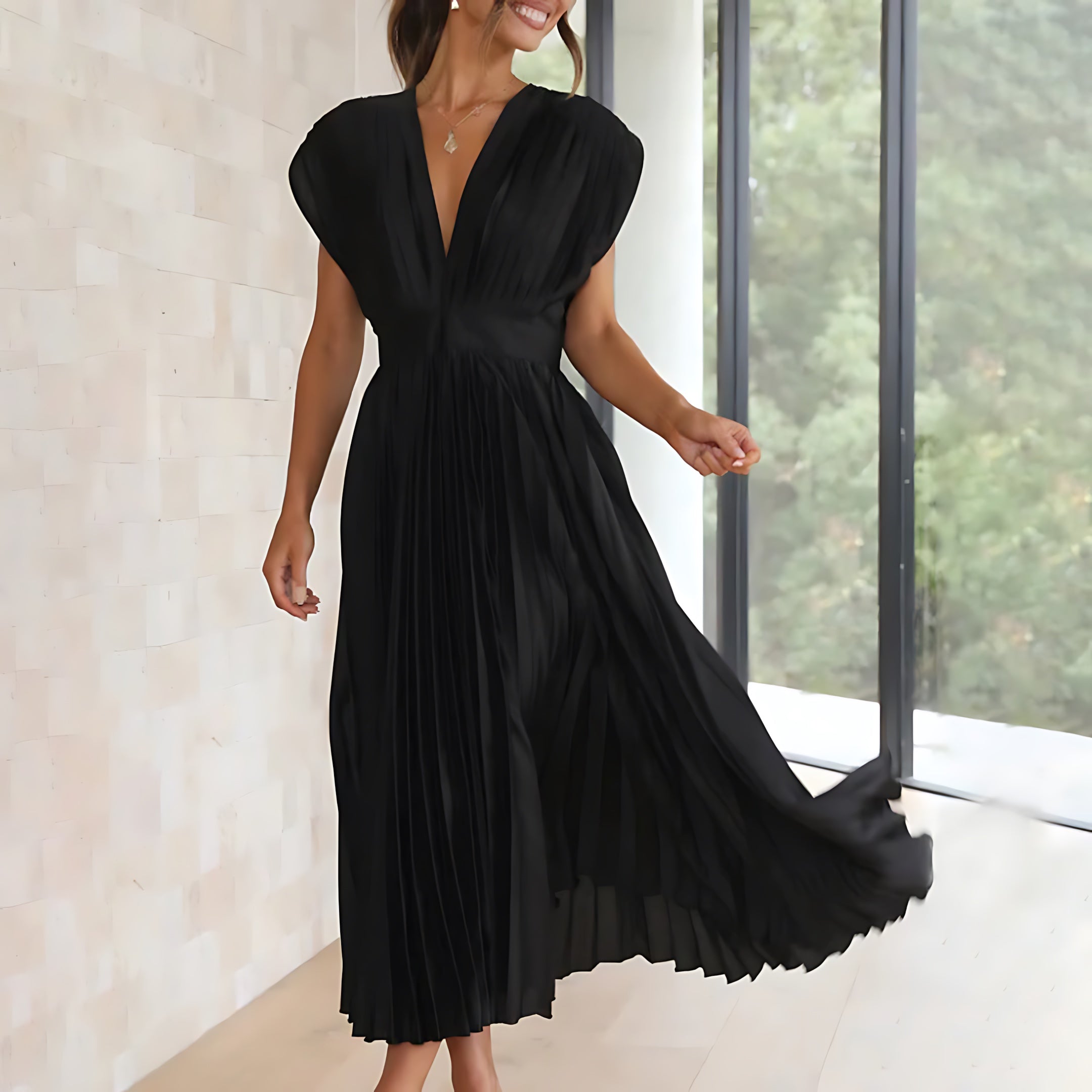 Beatrice – Pleated V Neck Wedding Guest Maxi Dress