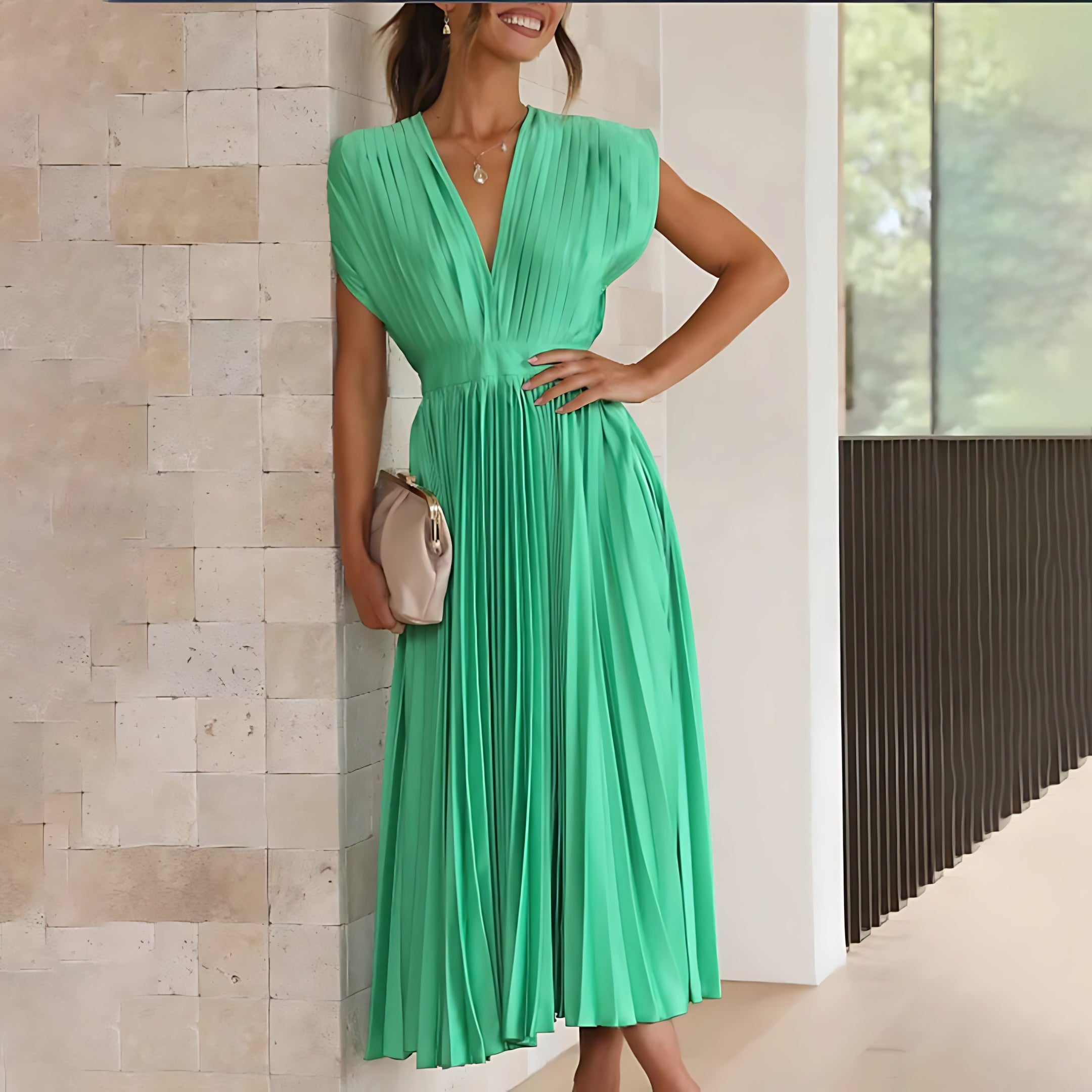 Beatrice – Pleated V Neck Wedding Guest Maxi Dress