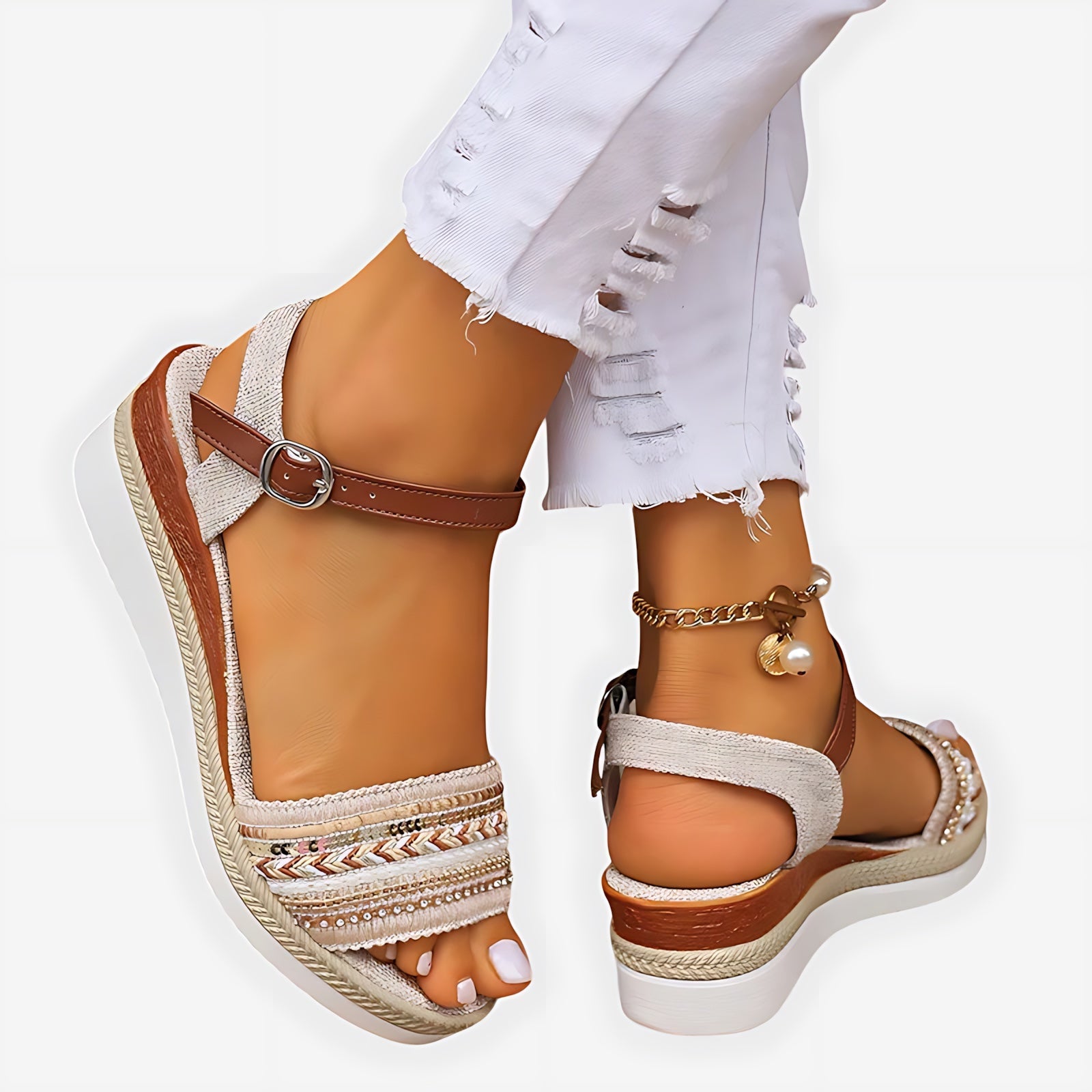 Beatrice – Rhinestone Ankle Strap Wedge Sandals