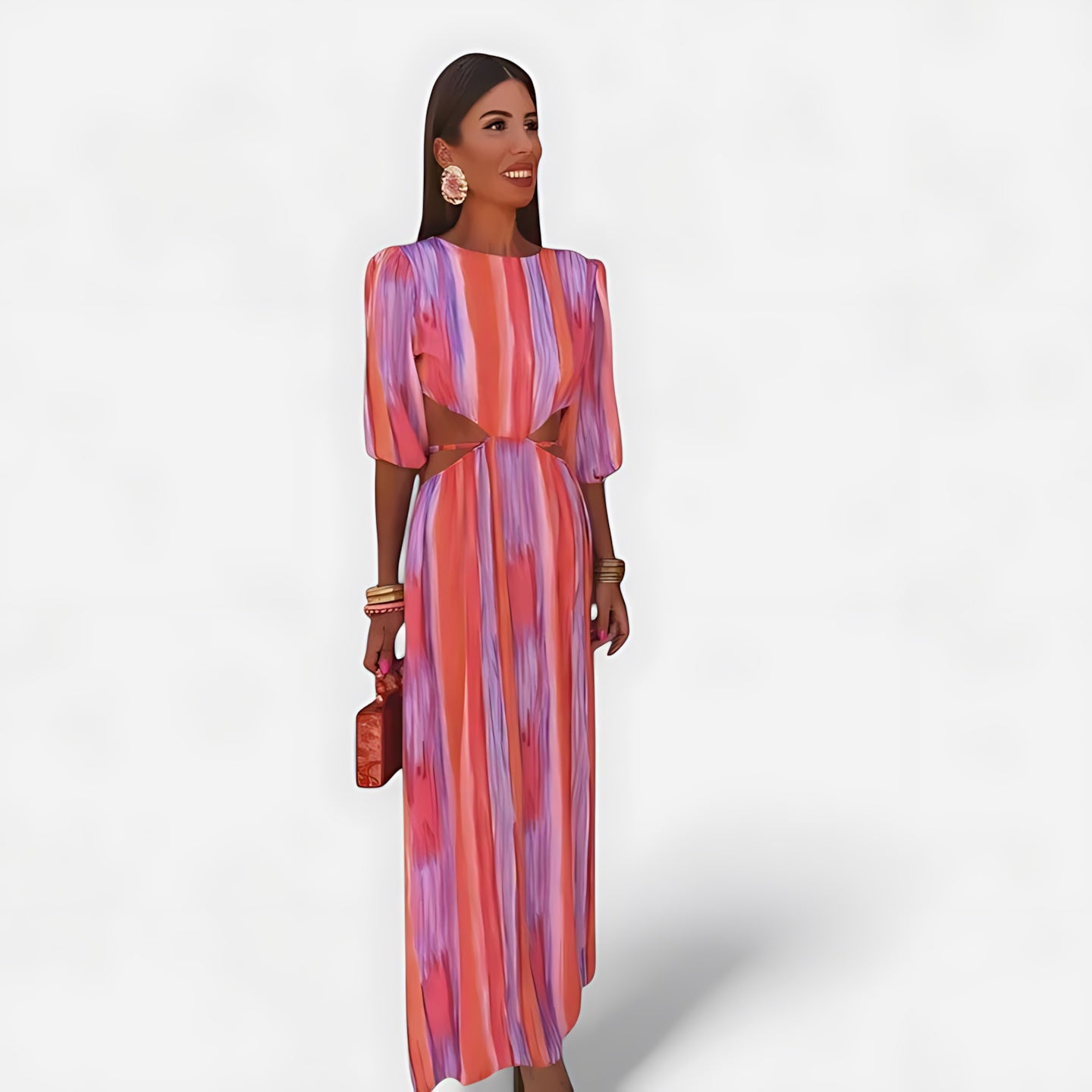 Beatrice – Striped Round Neck 3/4 Sleeve Maxi Dress