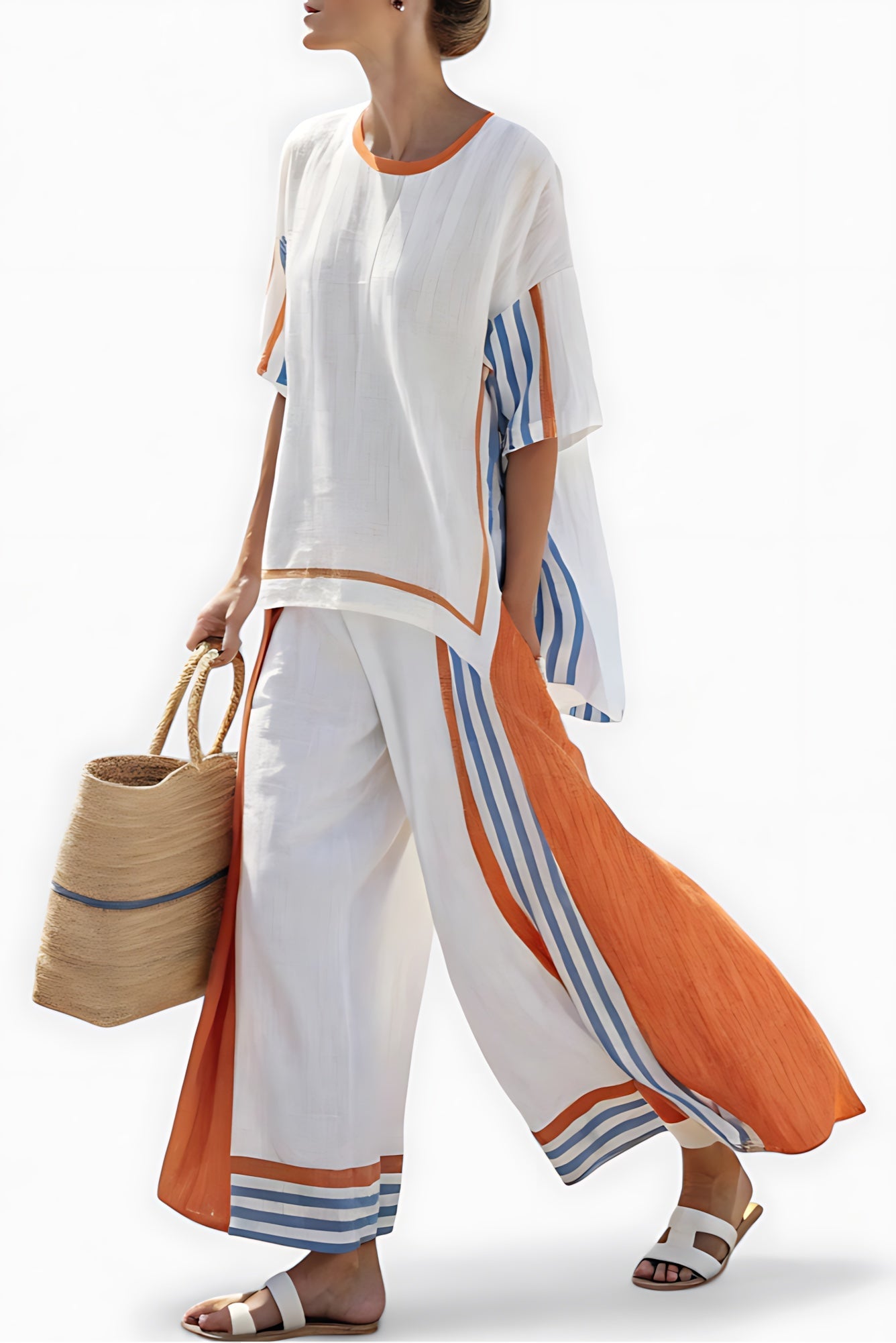 Beatrice – Striped Trim V Neck Top and Wide Leg Pants Set