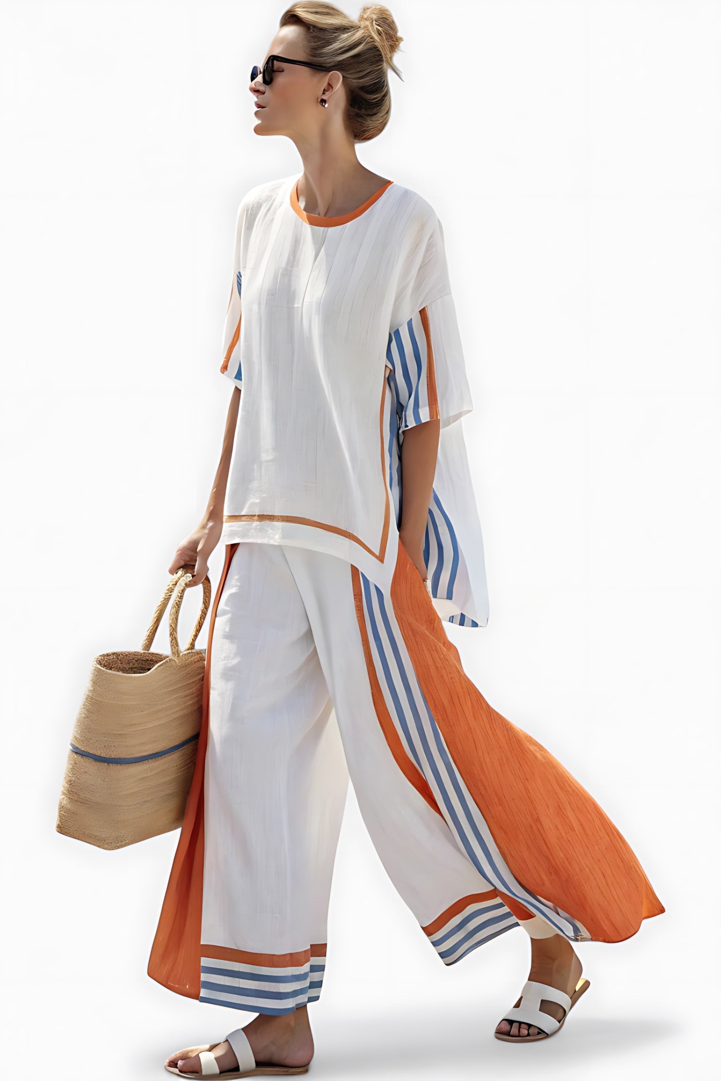 Beatrice – Striped Trim V Neck Top and Wide Leg Pants Set