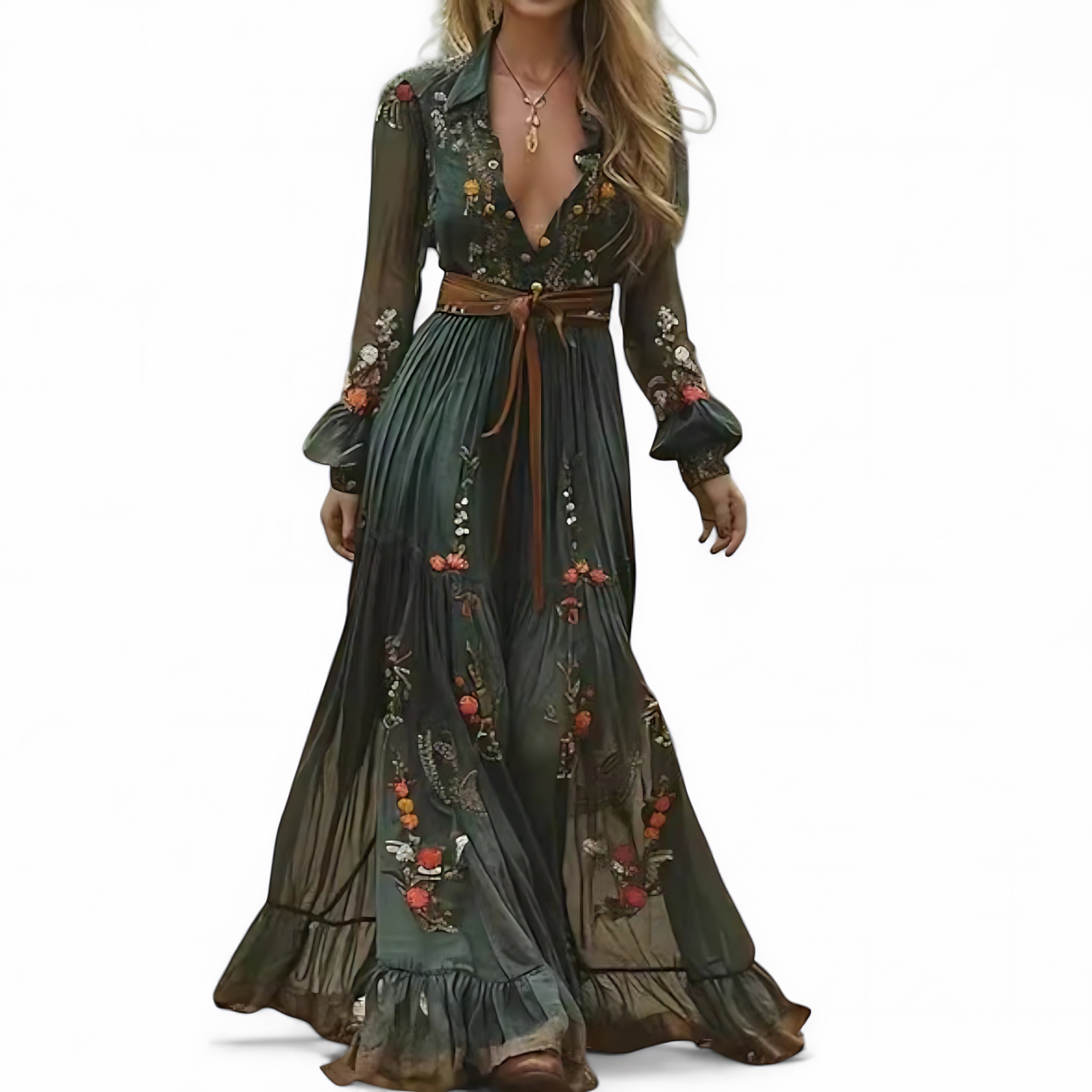 Bella – Floral V Neck Balloon Sleeve Wrap Maxi Dress