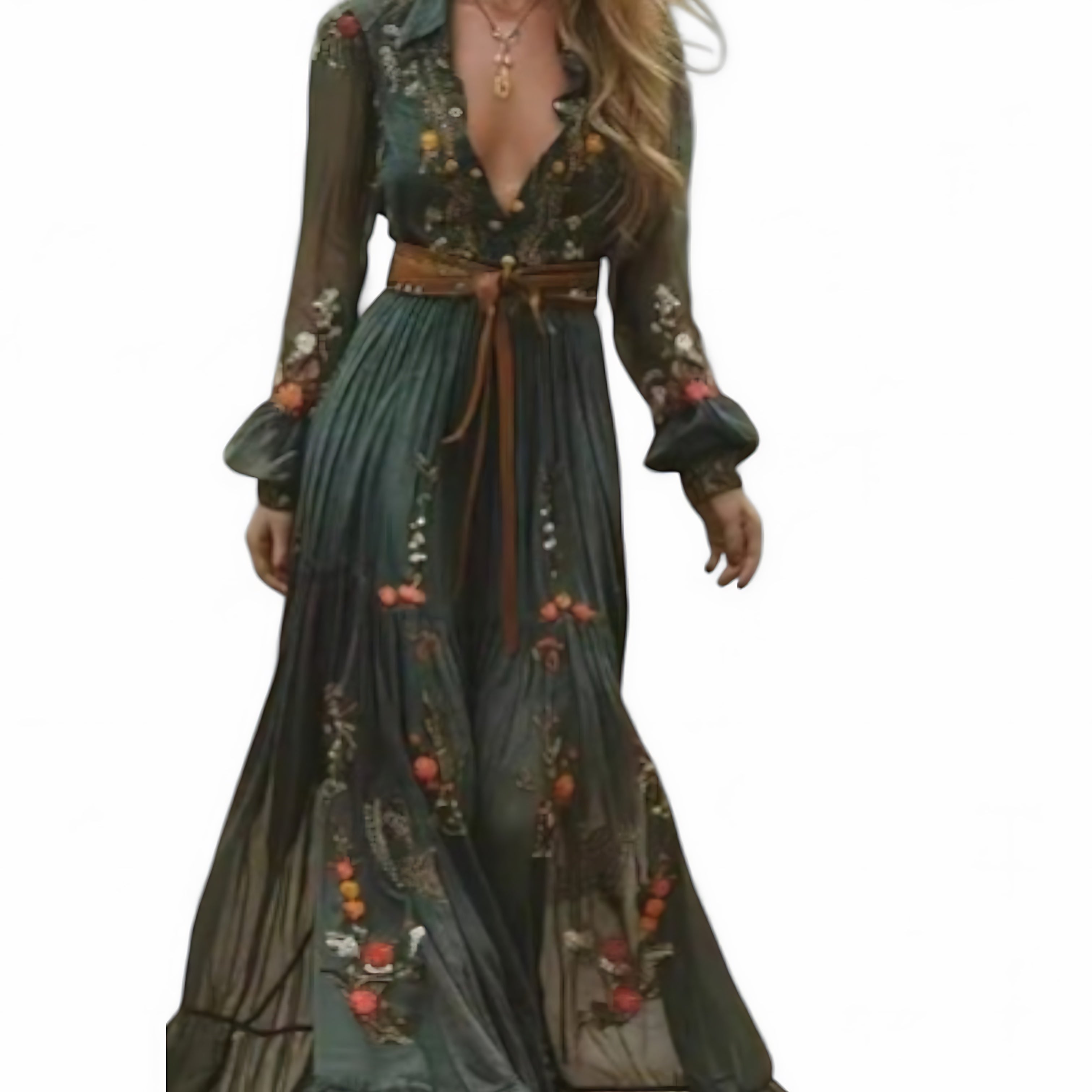 Bella – Floral V Neck Balloon Sleeve Wrap Maxi Dress