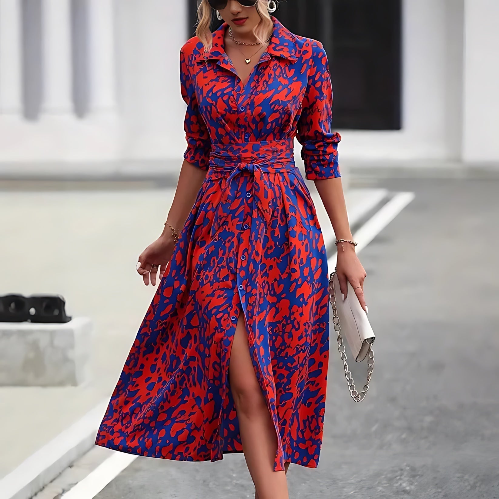 Bianca – Abstract Print Collared Midi Shirt Dress