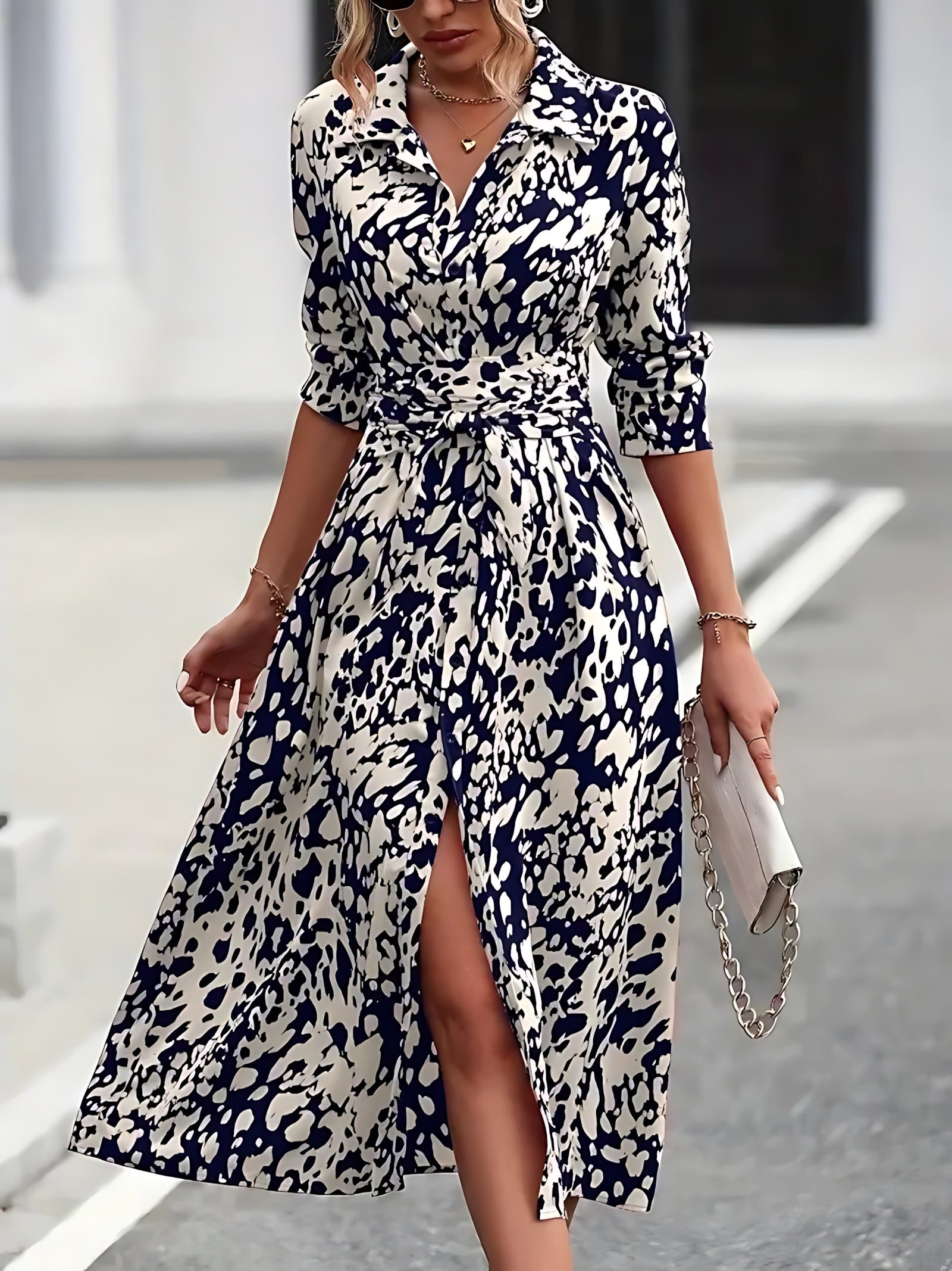 Bianca – Abstract Print Collared Midi Shirt Dress