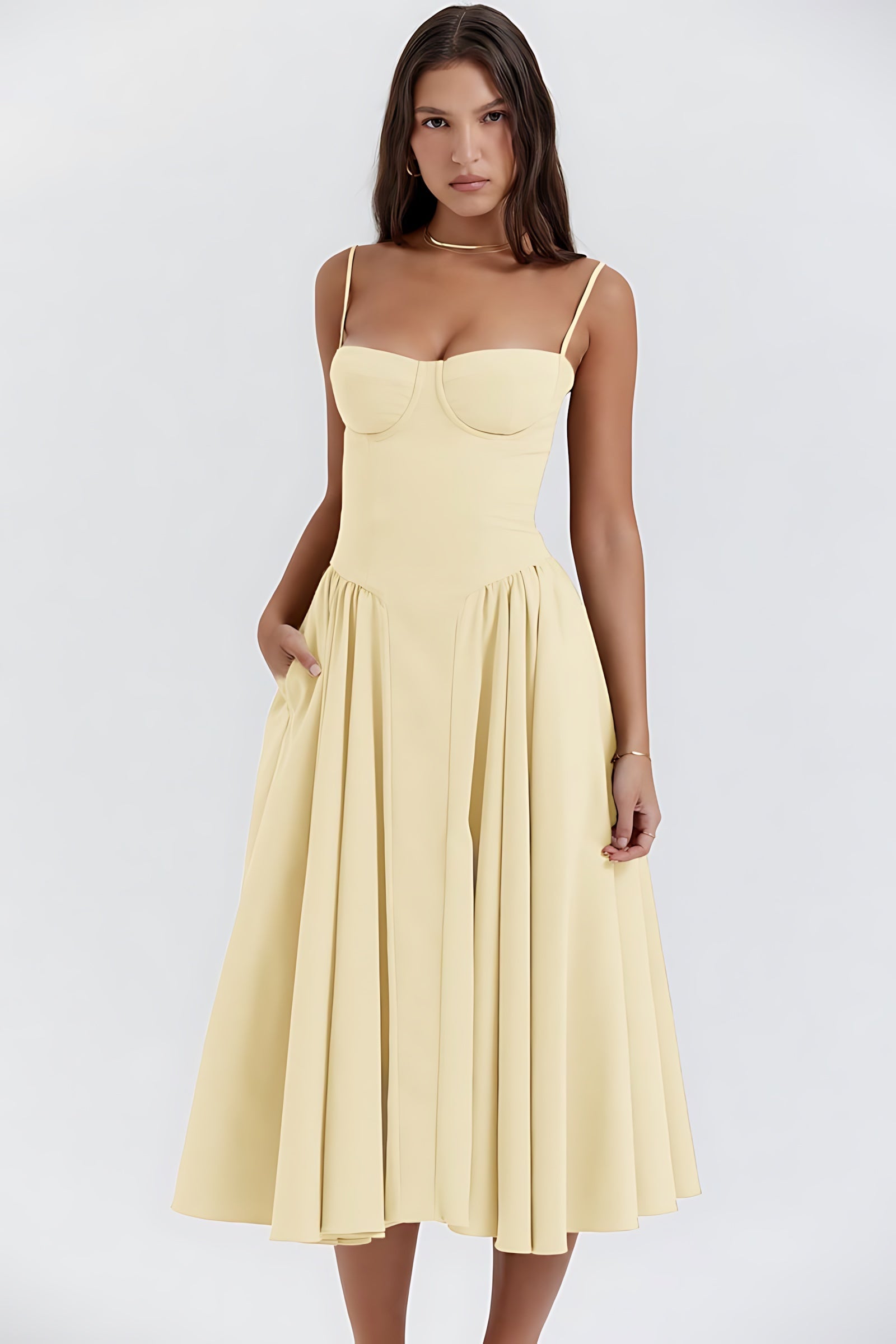 Bianca – Square Neck Pleated Wedding Guest Midi Dress