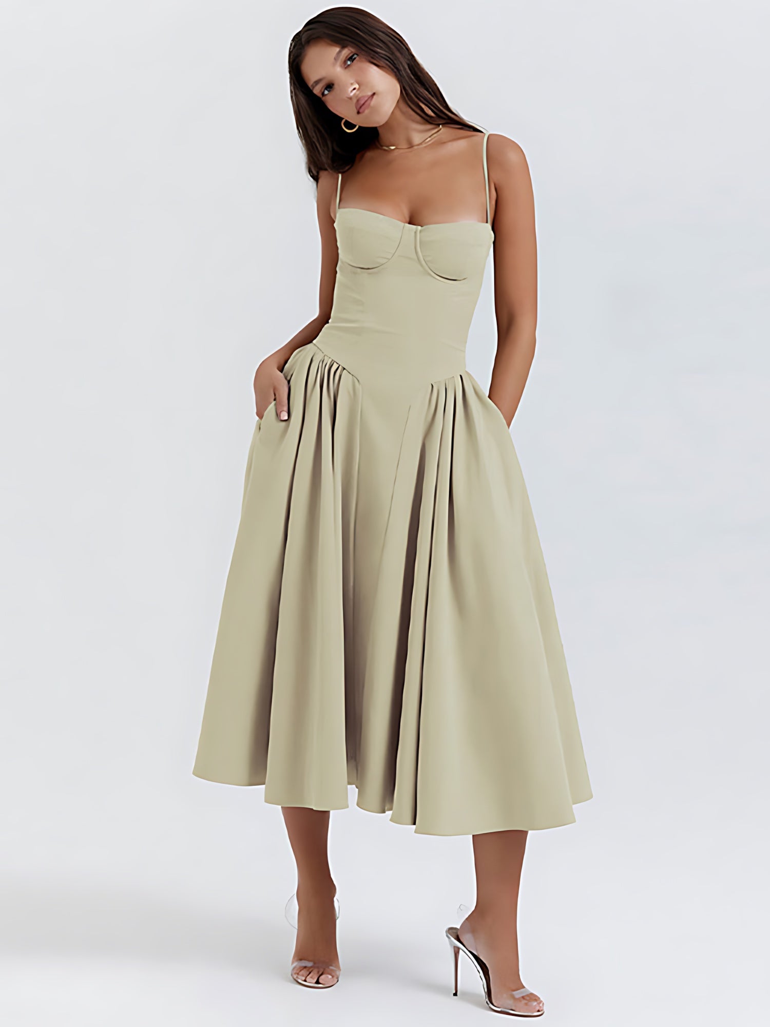 Bianca – Square Neck Pleated Wedding Guest Midi Dress