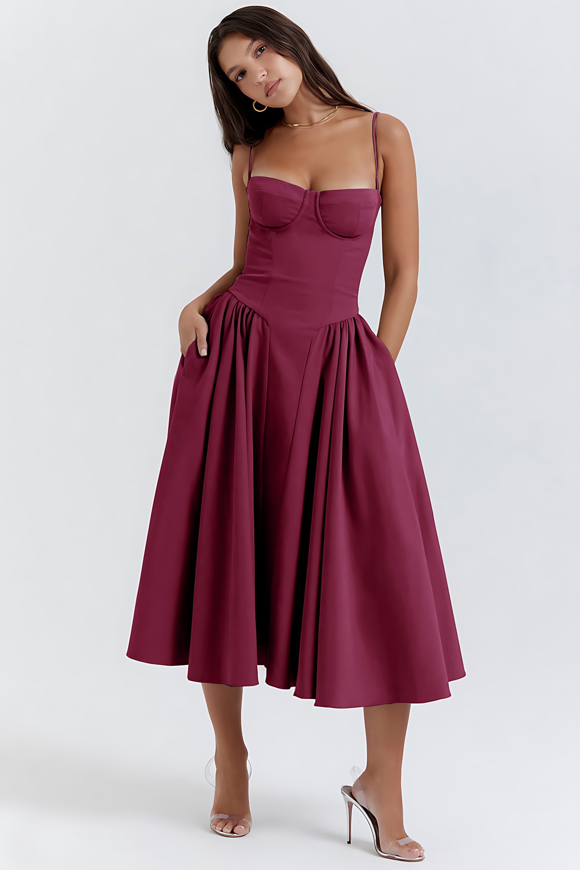 Bianca – Square Neck Pleated Wedding Guest Midi Dress