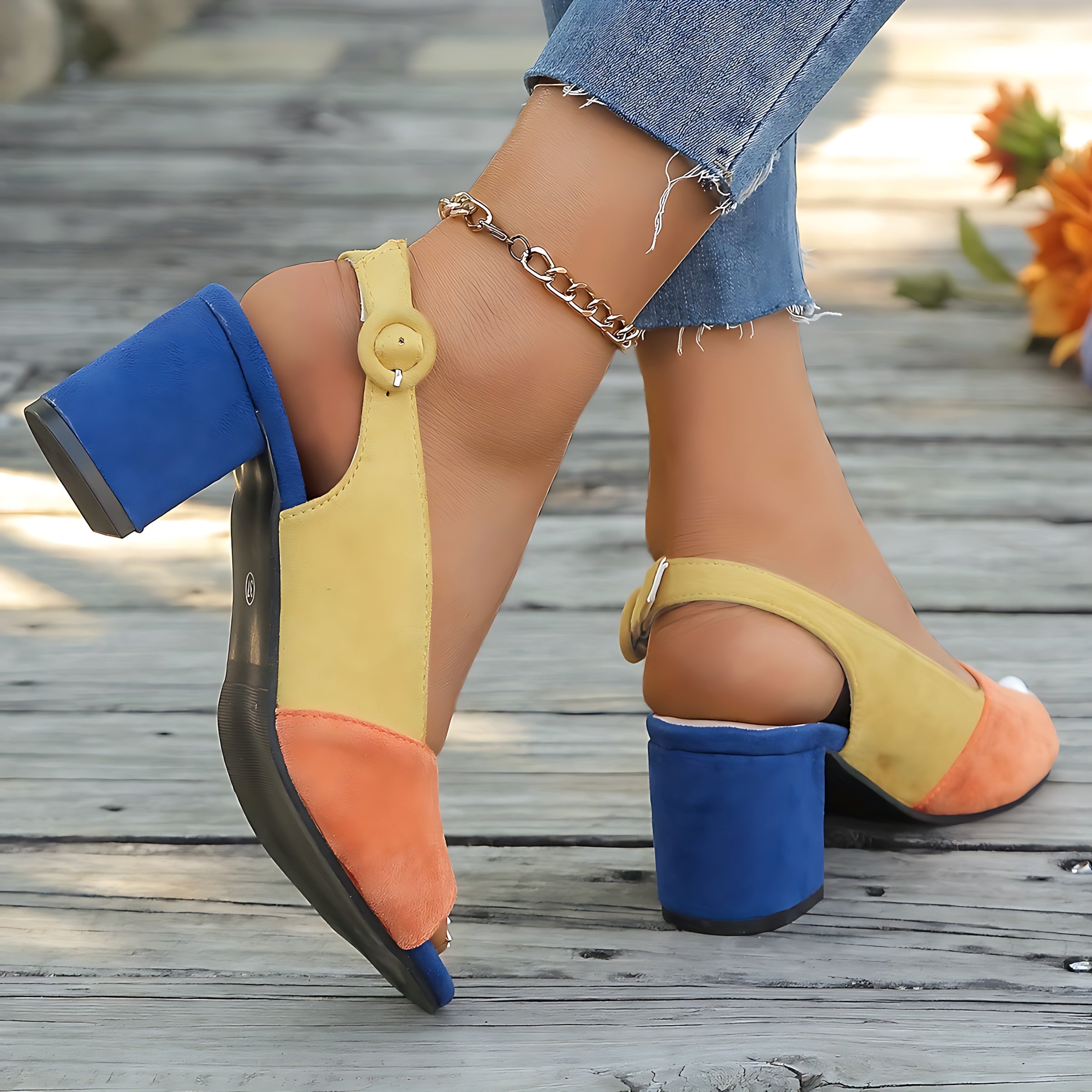 Blakely – Colorblock Peep Toe Block Heel Sandals