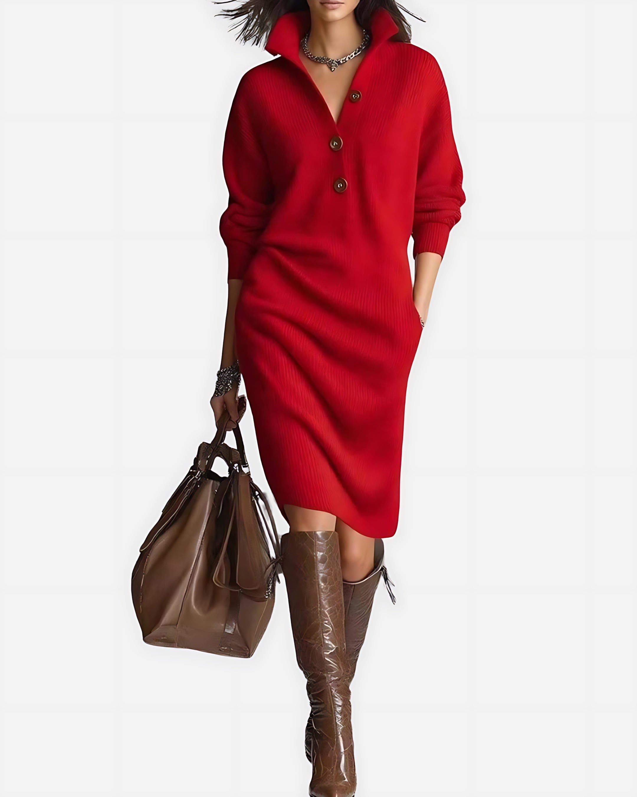 Blakely – Knit Long Sleeve V Neck Sweater Midi Dress