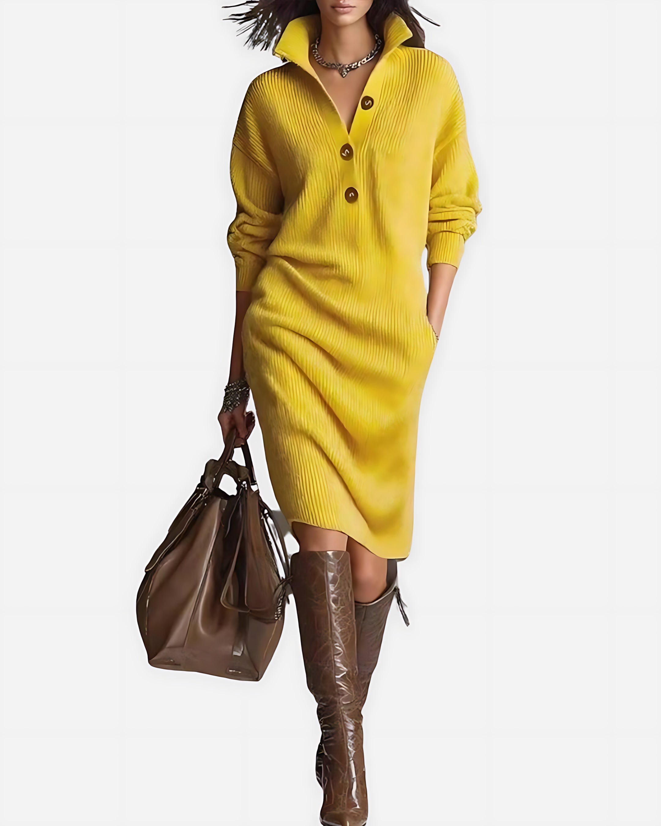 Blakely – Knit Long Sleeve V Neck Sweater Midi Dress