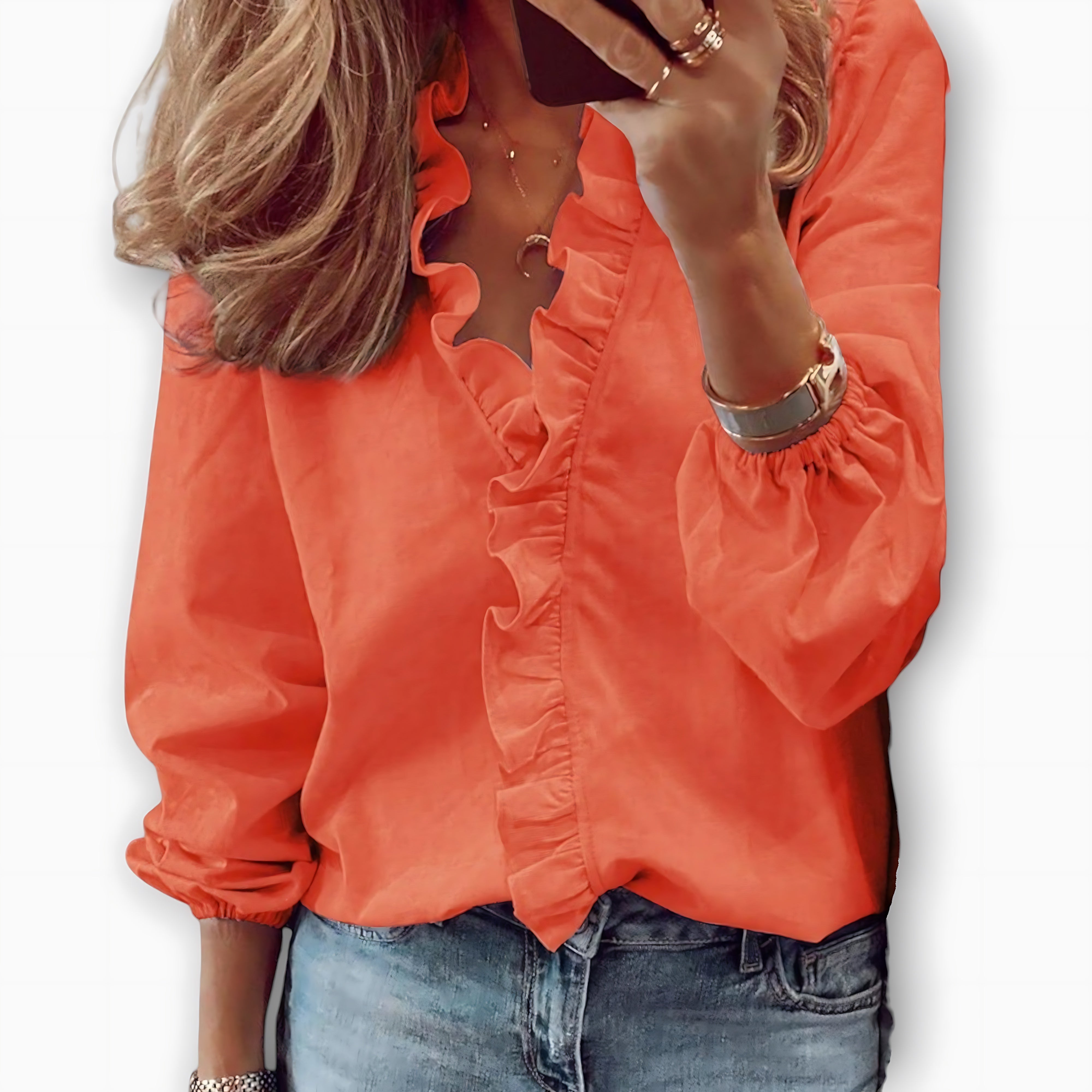 Blakely – Ruffle Front V Neck Long Sleeve Blouse