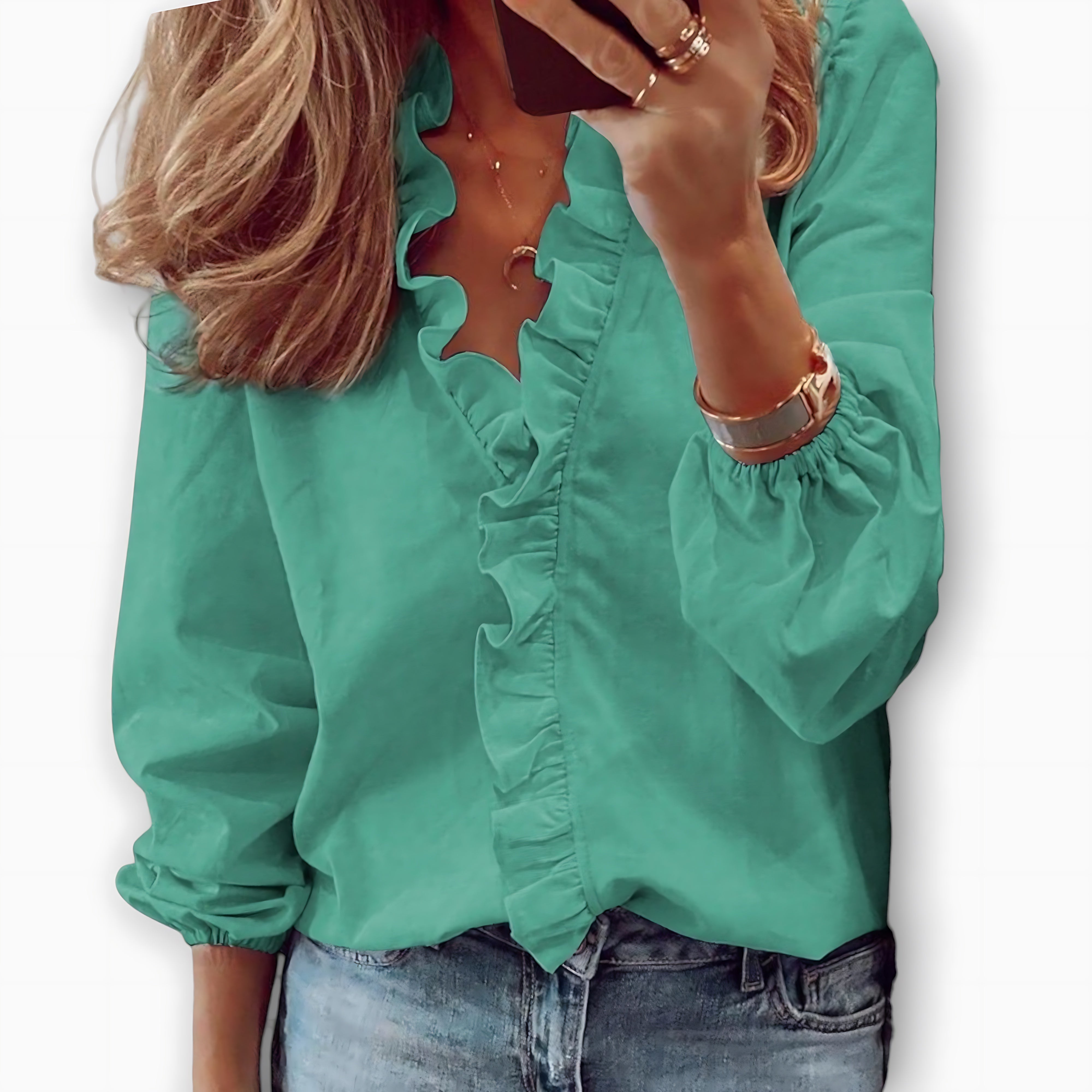 Blakely – Ruffle Front V Neck Long Sleeve Blouse