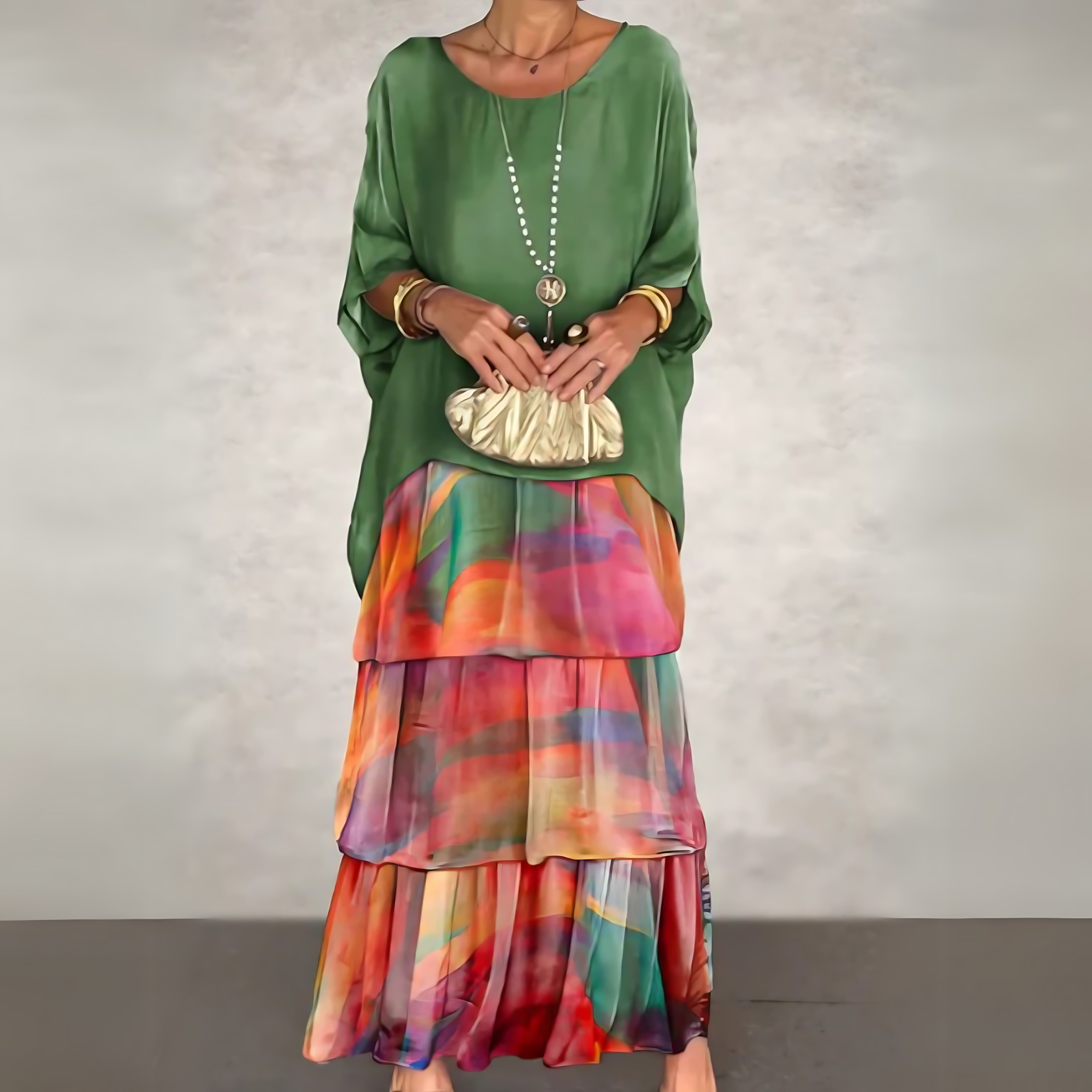 Brianna – Daisy Print Batwing Sleeve Tiered Maxi Dress