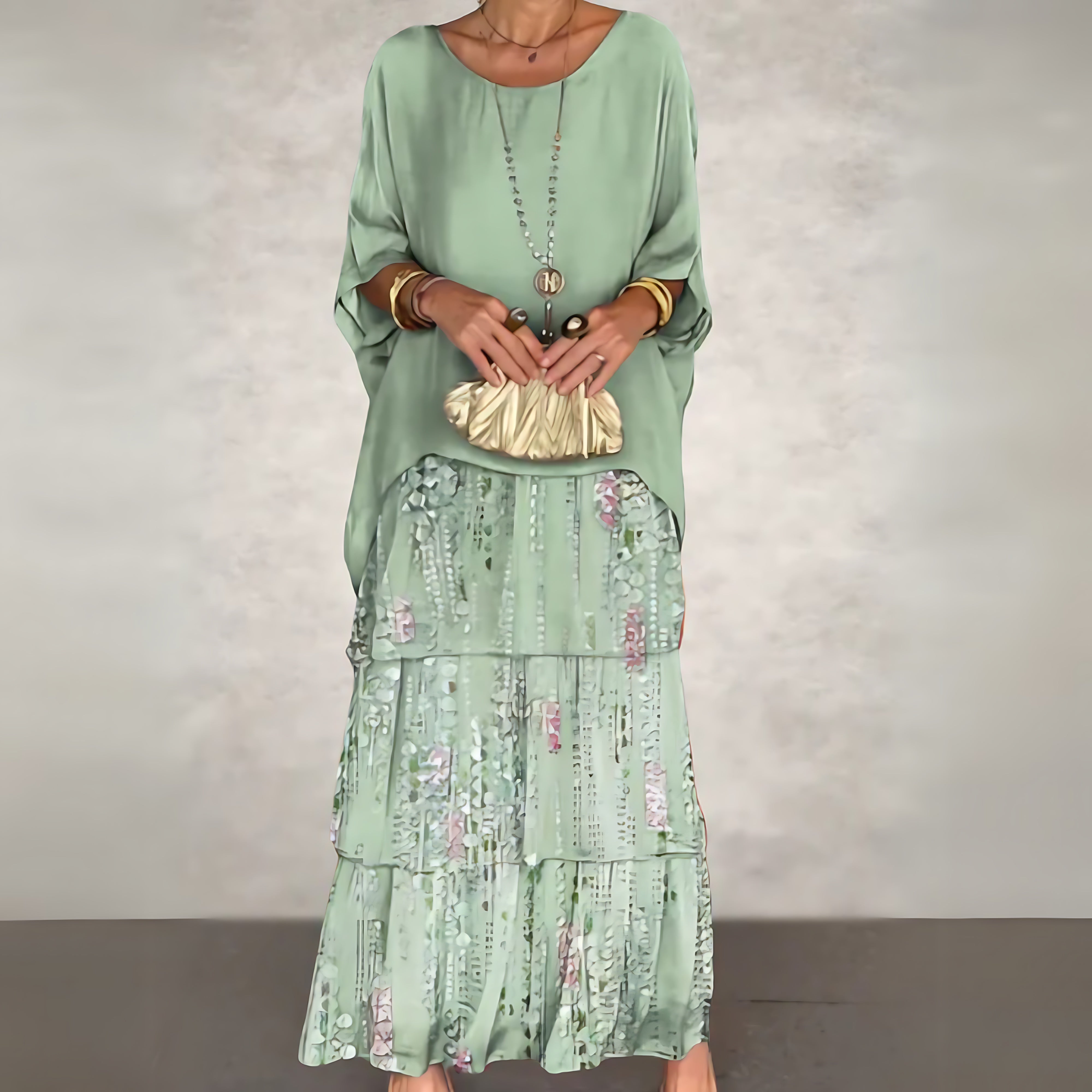 Brianna – Daisy Print Batwing Sleeve Tiered Maxi Dress